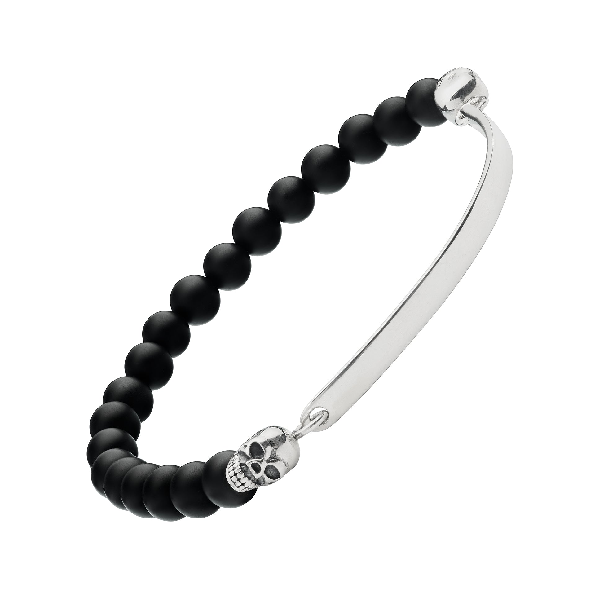 Men's matte black onyx bead bracelet with sterling silver ID bar and sculpted skull connectors