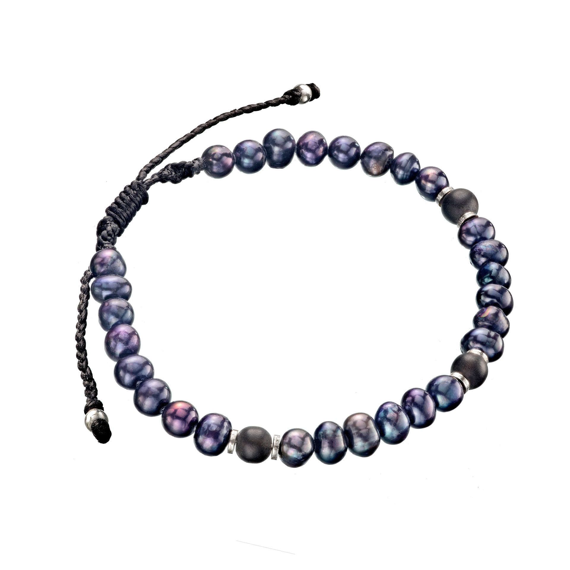 Dark freshwater pearl bracelet with matte grey agate accent beads, sterling silver rondelle spencer.