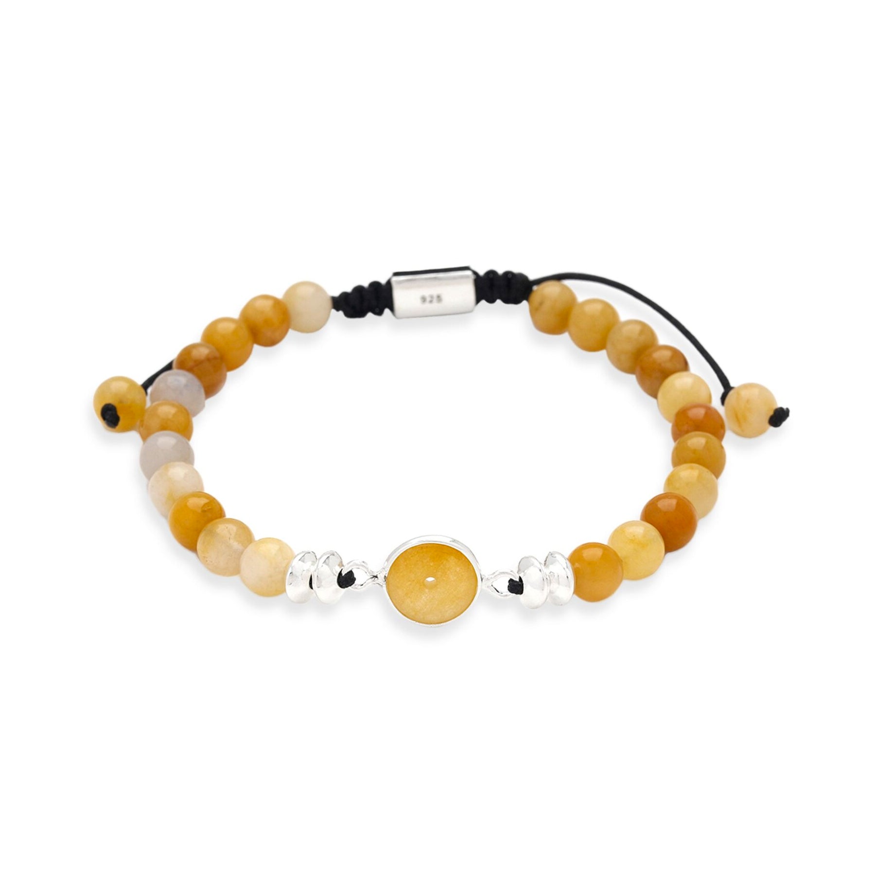Yellow agate adjustable bracelet showing 925-stamped sterling silver barrel clasp and black cord adjustment detail, Jan Leslie