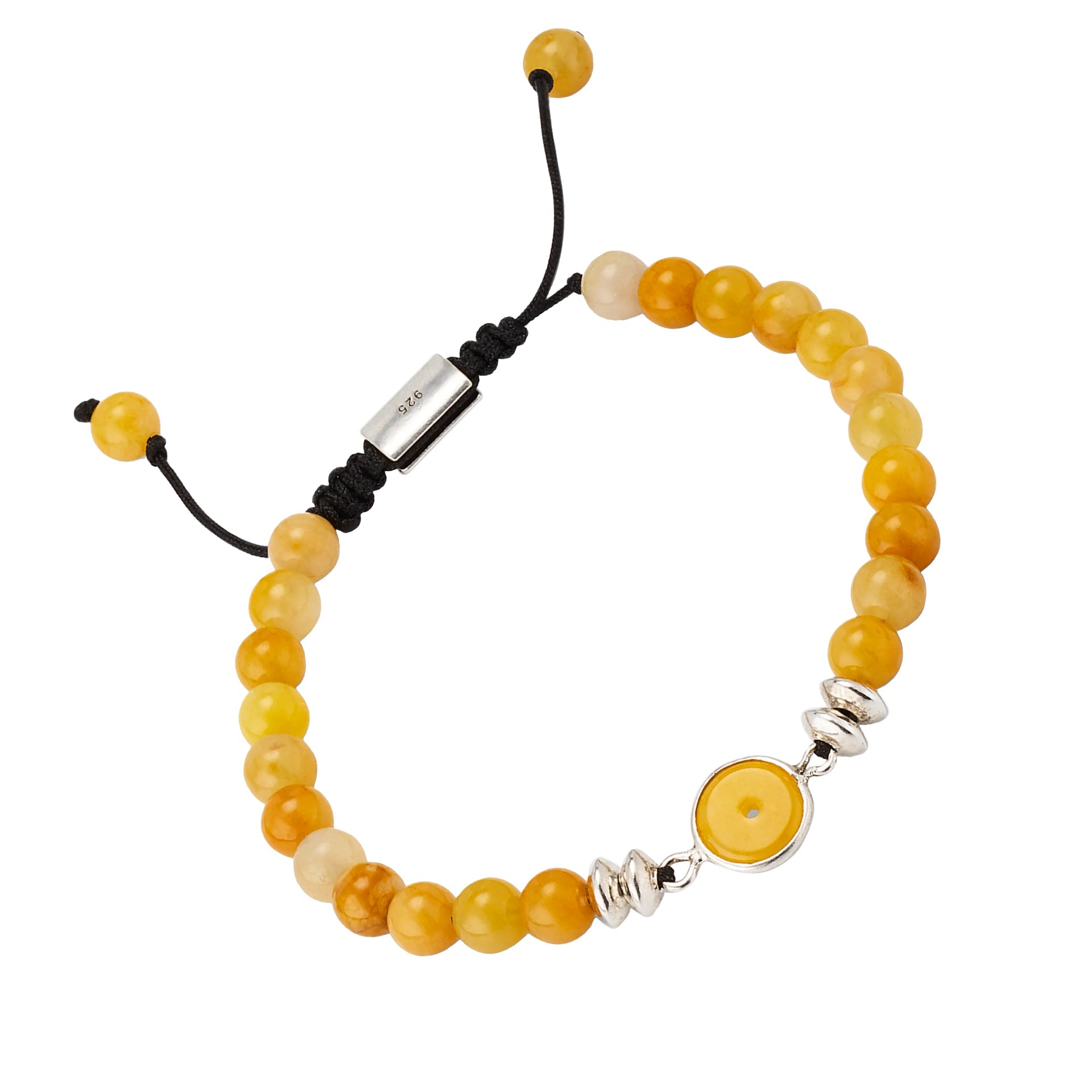Yellow agate bead bracelet with sterling silver oval bezel centerpiece and polished rondelle spacers on adjustable black cord, Jan Leslie
