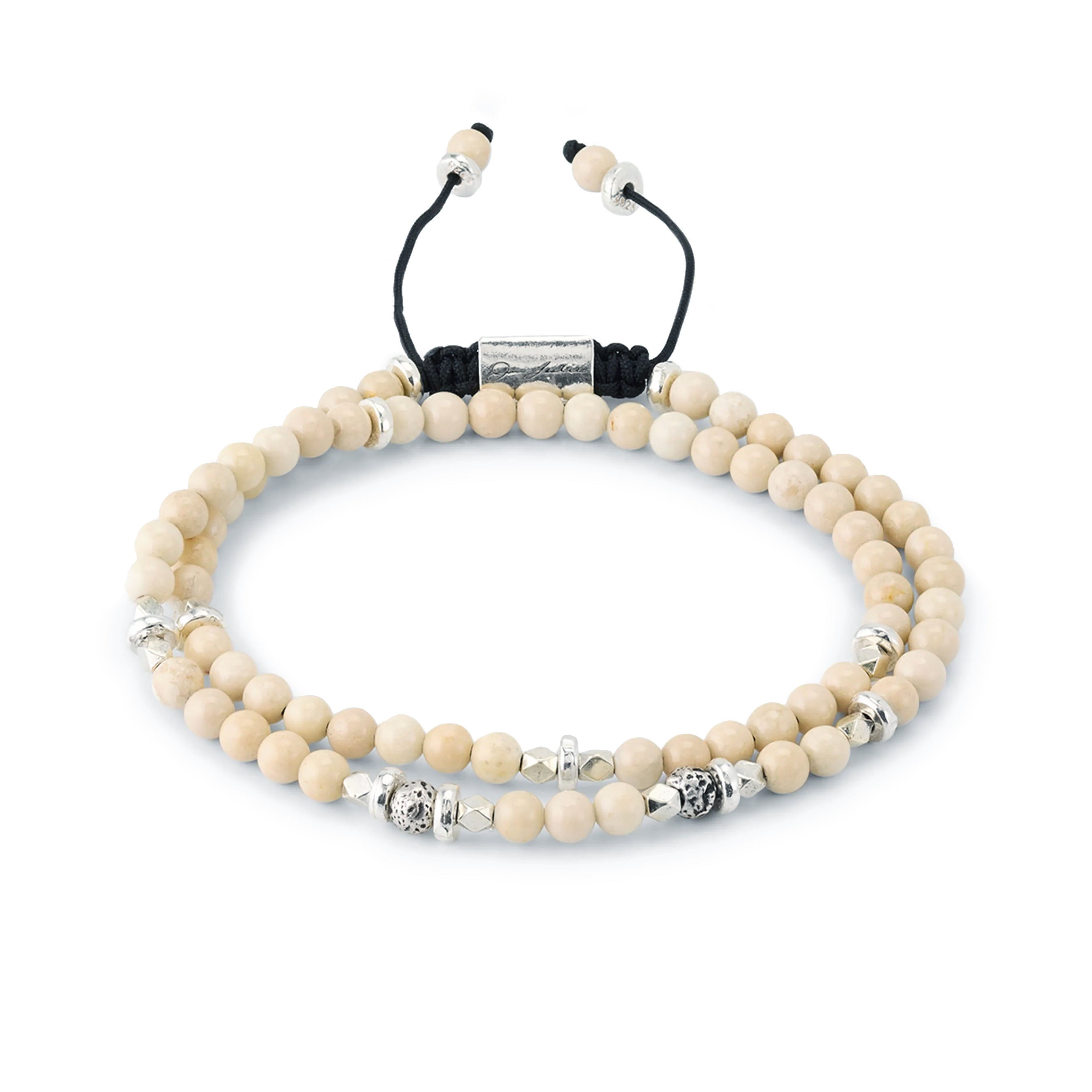 Men's natural riverstone double-wrap bracelet with sterling silver spacers, lava stone accent, and Jan Leslie