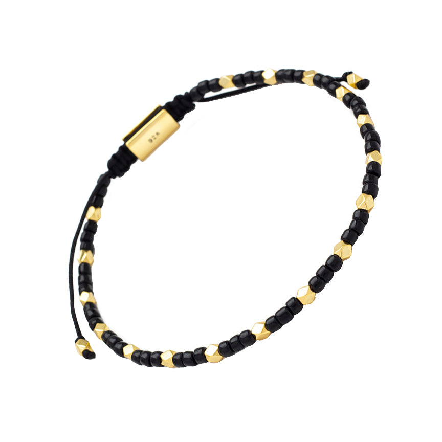 Black onyx seed bead and gold vermeil faceted bead bracelet with adjustable macramé cord and gold clasp — Jan Leslie