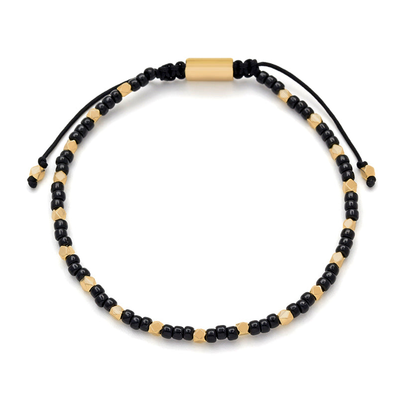 Black onyx seed bead and gold vermeil faceted bead bracelet with adjustable macramé cord and gold clasp — Jan Leslie