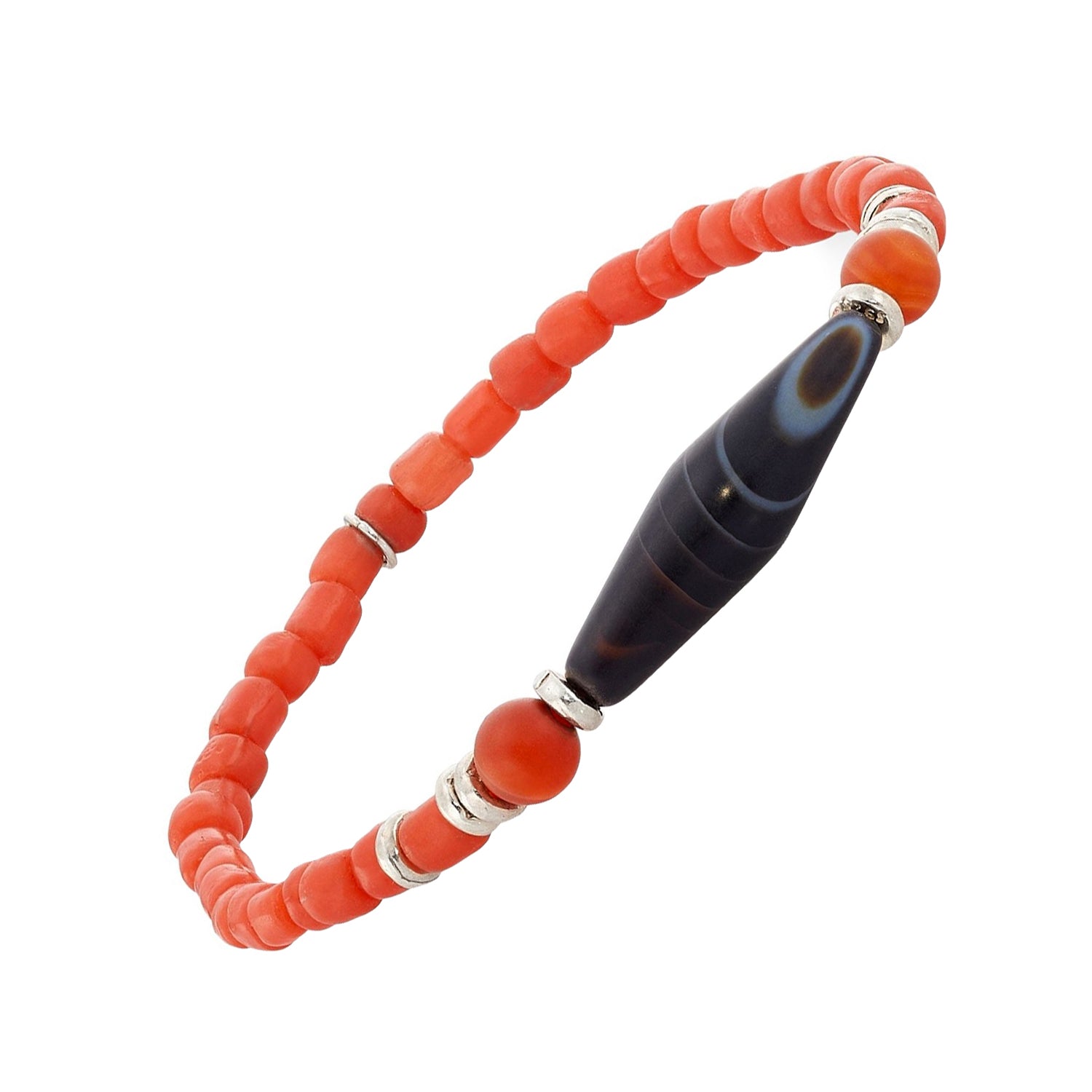 Coral red tube glass bead bracelet with matte carnelian round beads, Tibetan dzi agate centerpiece, and silver rondelle spacers, Jan Leslie