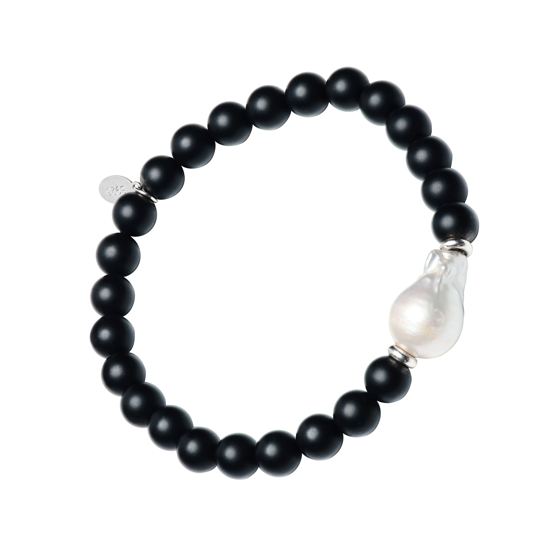 Men's black onyx stretch bracelet with baroque freshwater pearl centerpiece and sterling silver rondelle spacers. Jan Leslie.