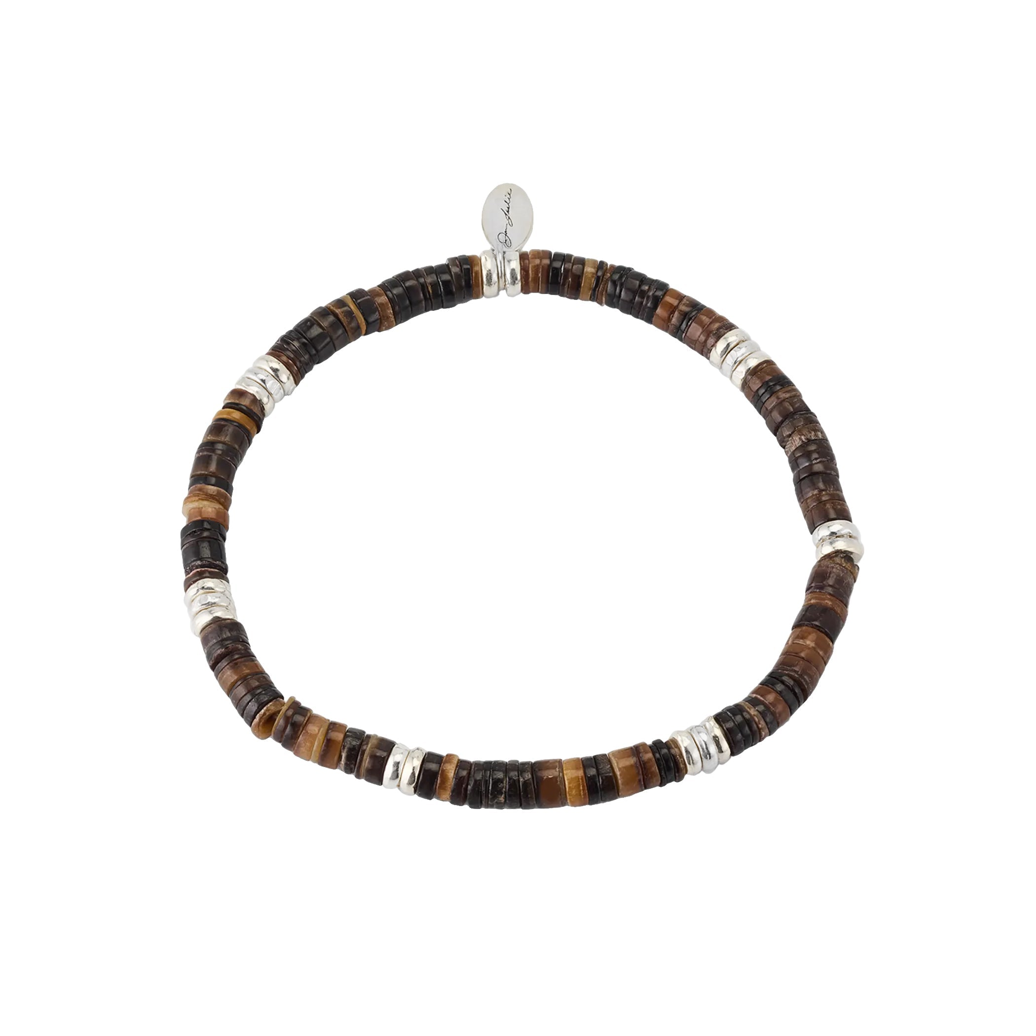 Dark brown braided leather bracelet with brushed silver cylindrical magnetic clasp