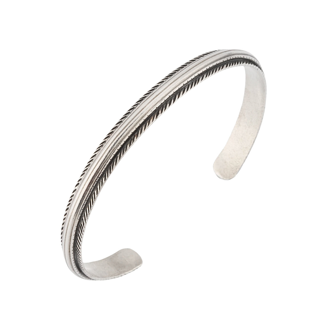  Sterling silver oxidized rope-edge triple-channel open cuff bracelet angled view showing polished triple-channel center oxidized rope borders and open cuff ends by Jan Leslie
