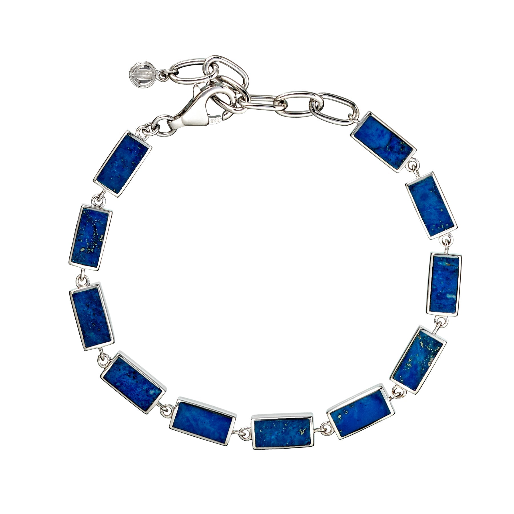 Sterling silver lapis lazuli rectangular station tennis bracelet full flat view showing continuous bezel-set lapis lazuli stations lobster claw clasp extender chain and Jan Leslie disc tag by Jan Leslie