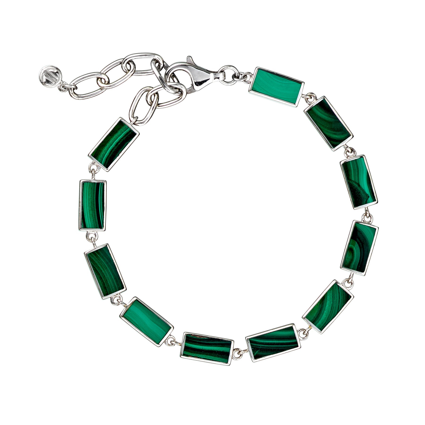 Sterling silver malachite rectangular station tennis bracelet full flat view showing continuous bezel-set malachite stations with deep forest green and vivid emerald banding lobster claw clasp extender chain and Jan Leslie disc tag by Jan Leslie