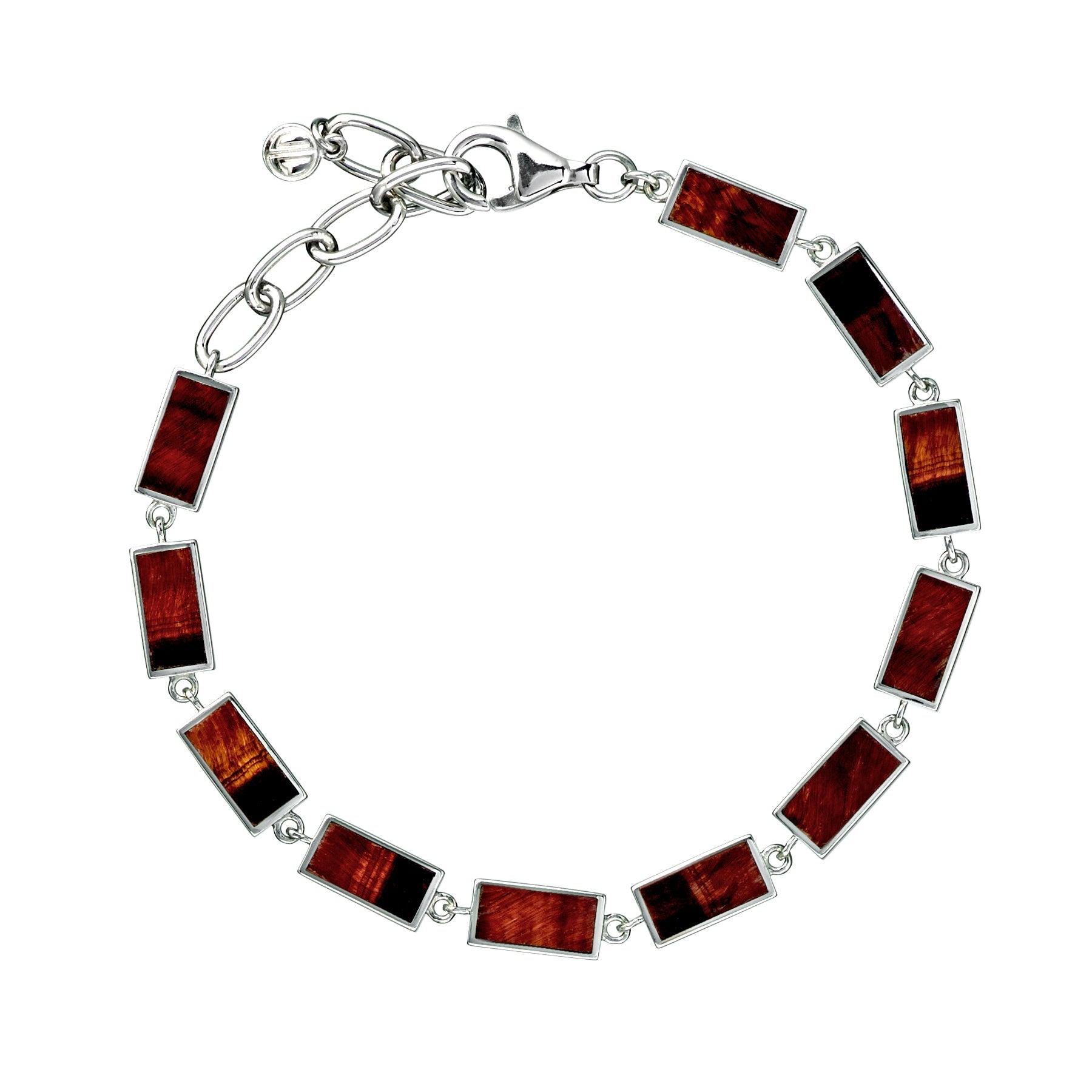  Sterling silver red tiger eye rectangular station tennis bracelet full flat view showing continuous bezel-set red tiger eye stations with deep red-brown and amber chatoyant fibrous inclusions lobster claw clasp extender chain and Jan Leslie disc tag by Jan Leslie