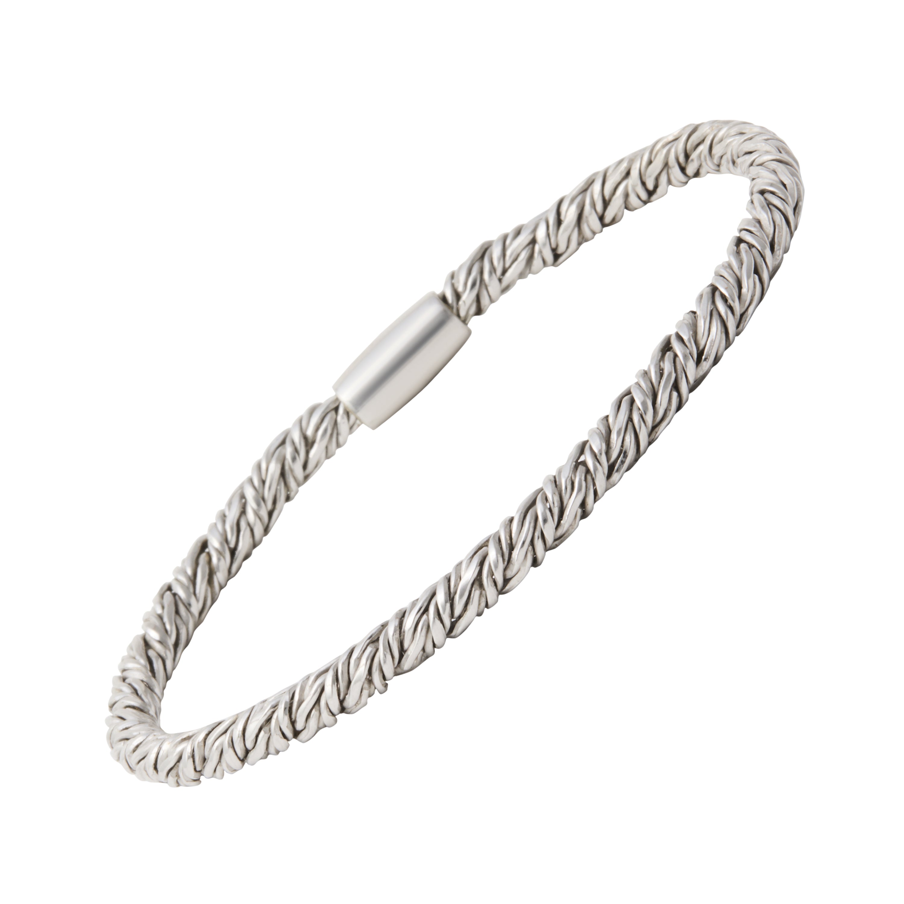 Men's sterling silver twisted rope bracelet with magnetic barrel clasp.
