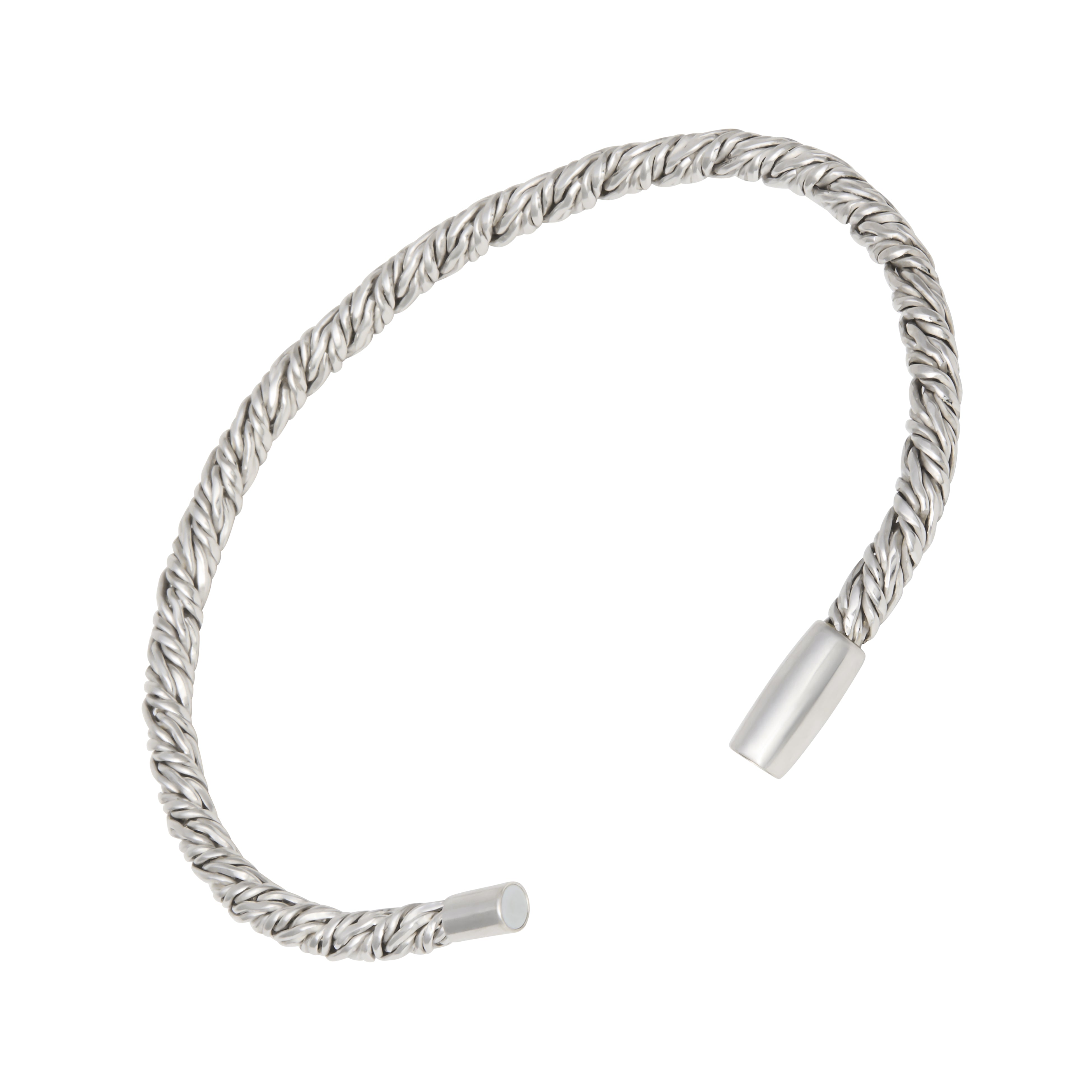 Sterling silver twisted rope open cuff bracelet with magnetic cylinder clasp ends.