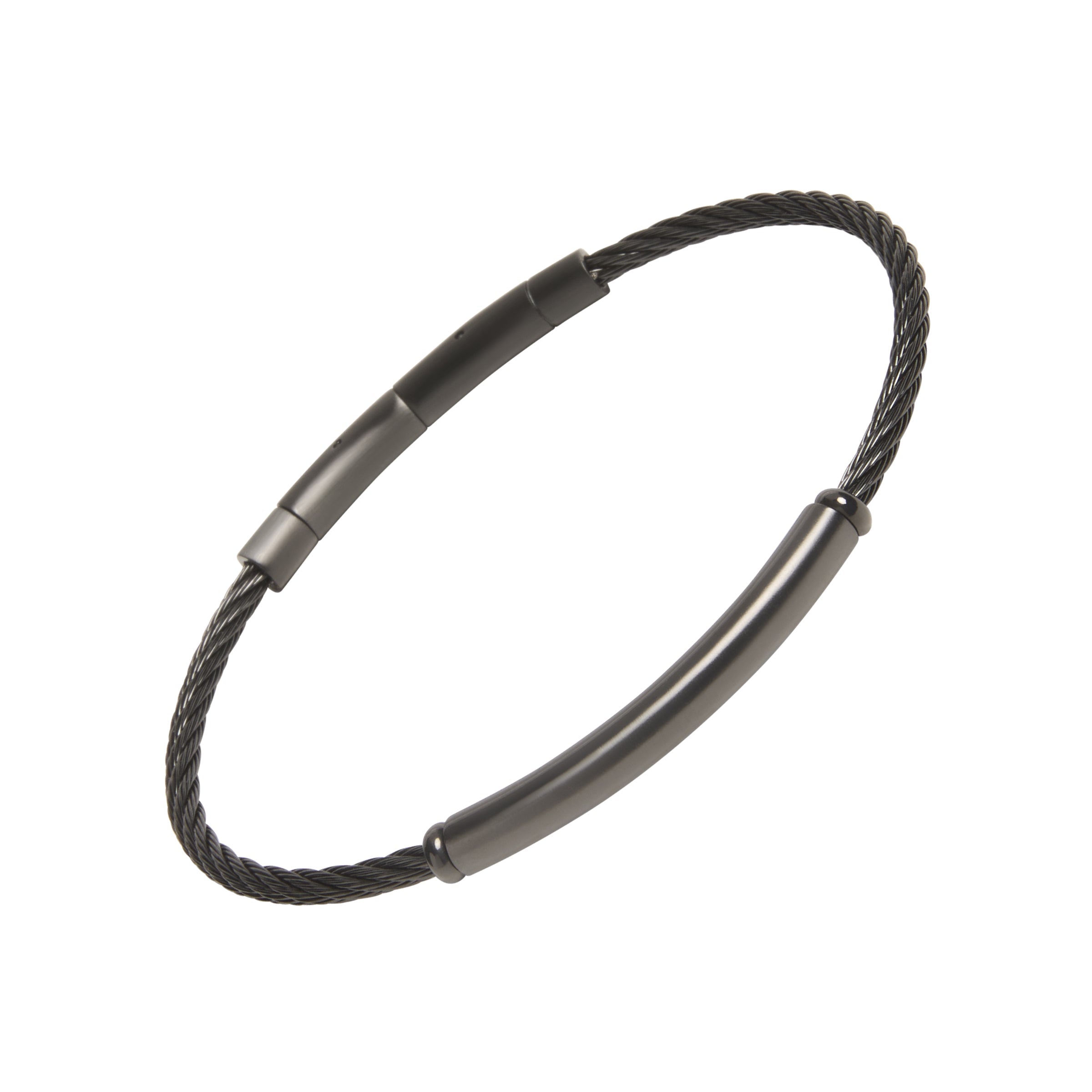 Black PVD-coated twisted cable wire bracelet with three smooth gunmetal tube bar stations.