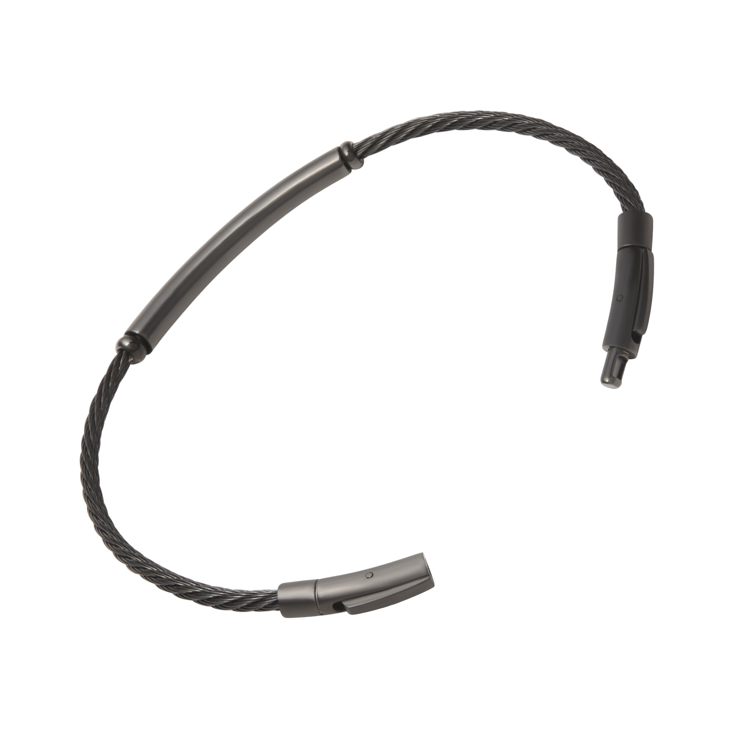 Black twisted cable bracelet with a gunmetal tube bar station, showing the secure push-pin clasp detail — a precision-engineered, low-profile closure for effortless on and off wear.