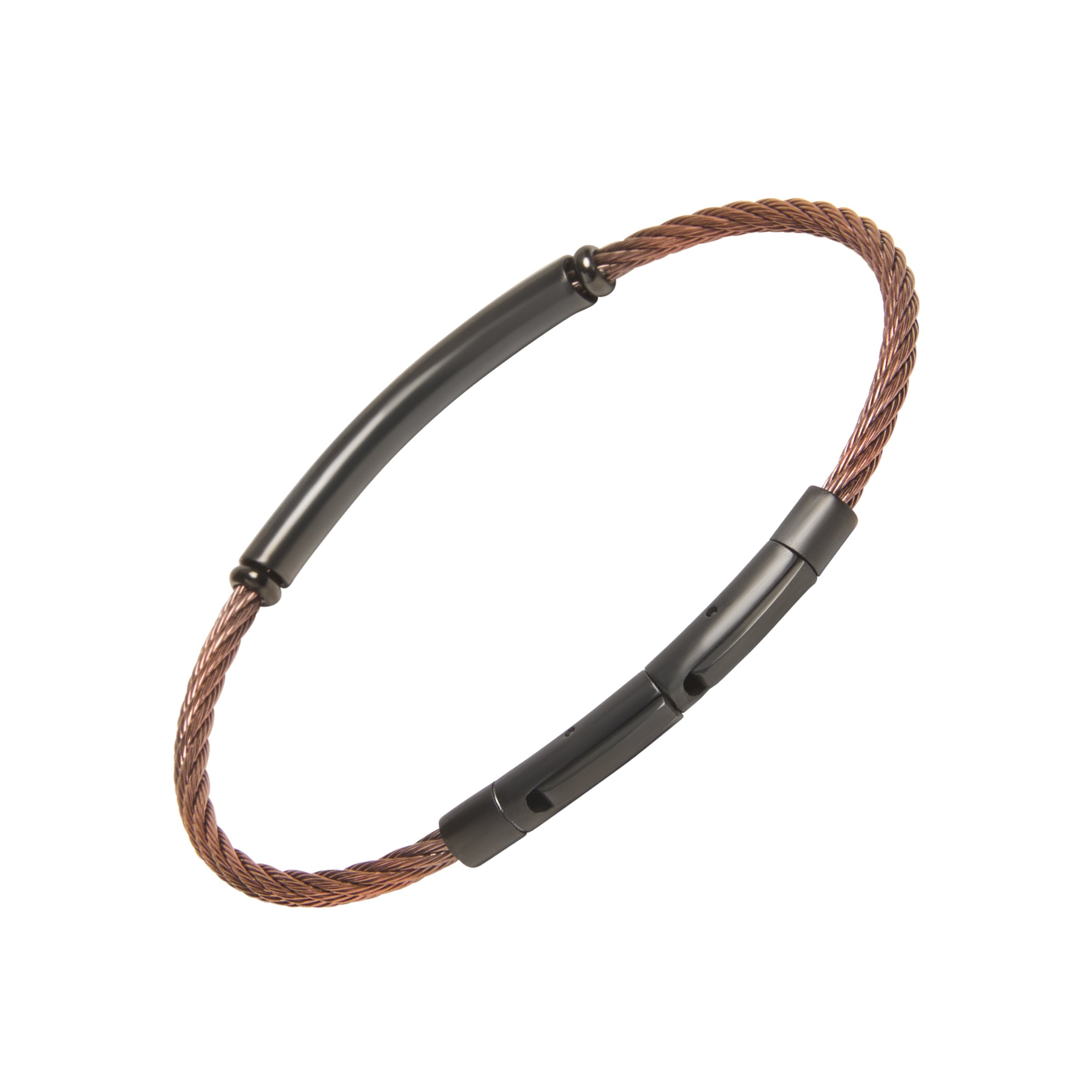 Two-tone copper twisted cable bracelet with a black PVD curved tube bar station and push-clasp closure.