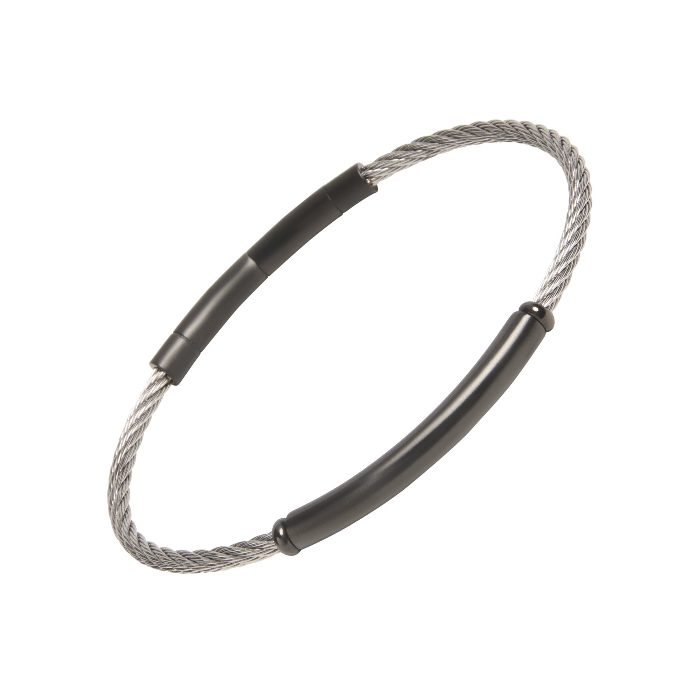 Two-tone stainless steel twisted cable bracelet with three smooth black PVD tube bar stations.