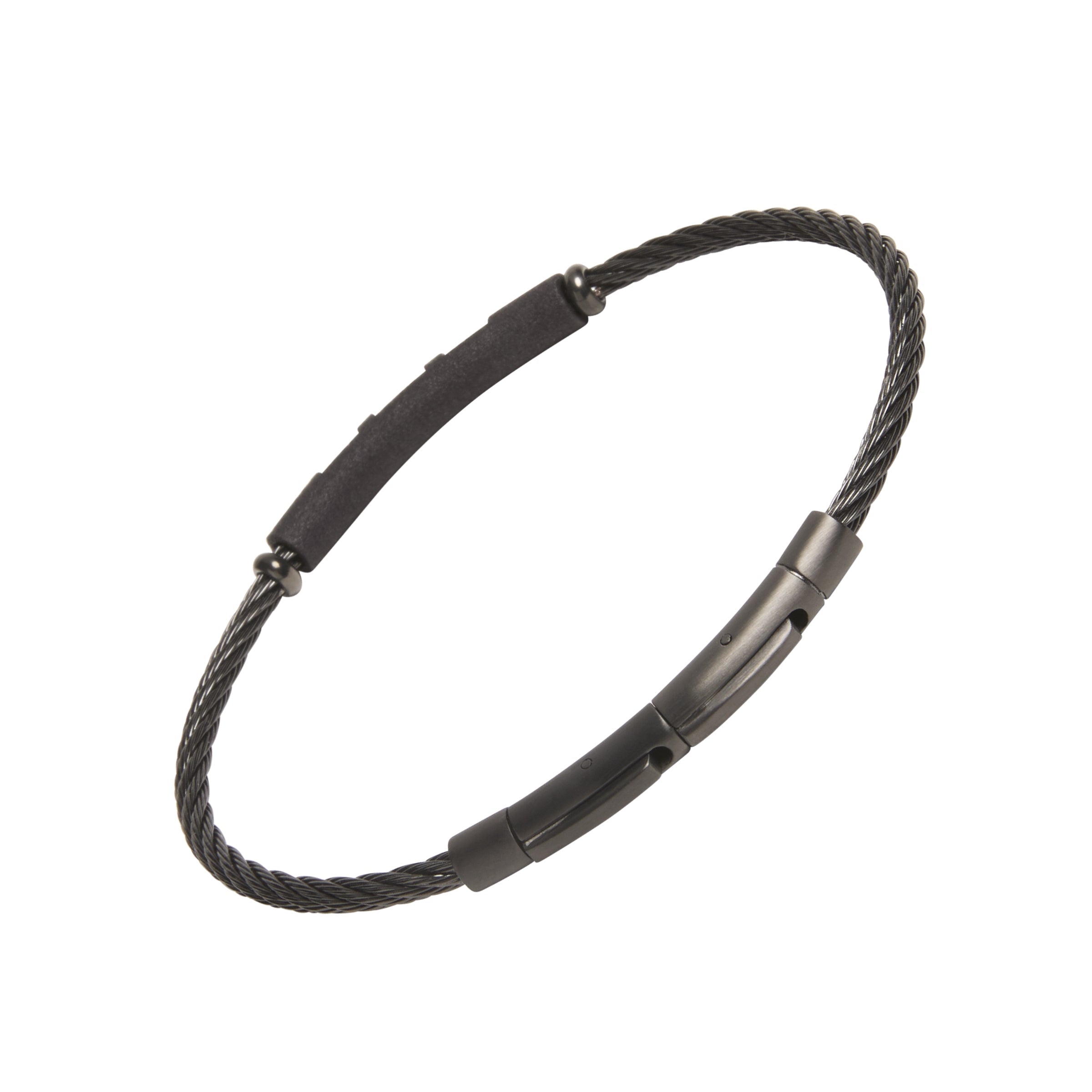 Black twisted cable wire bracelet with matte gunmetal ID bar accent and push-pin barrel clasp closure, luxury men's modern jewelry.