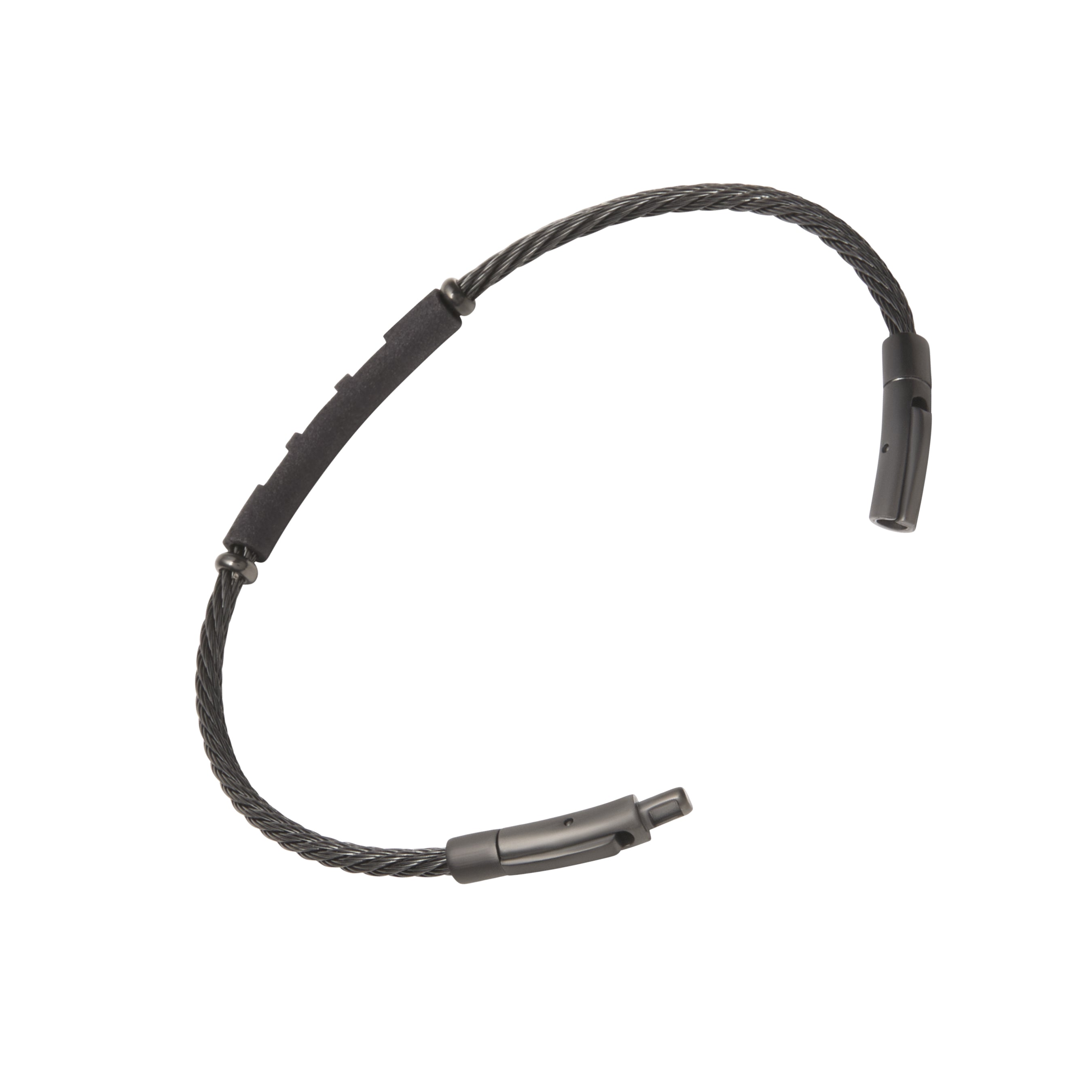 Open view of black twisted cable wire bracelet showing gunmetal bayonet push-pin clasp ends and wire segment bar detail.