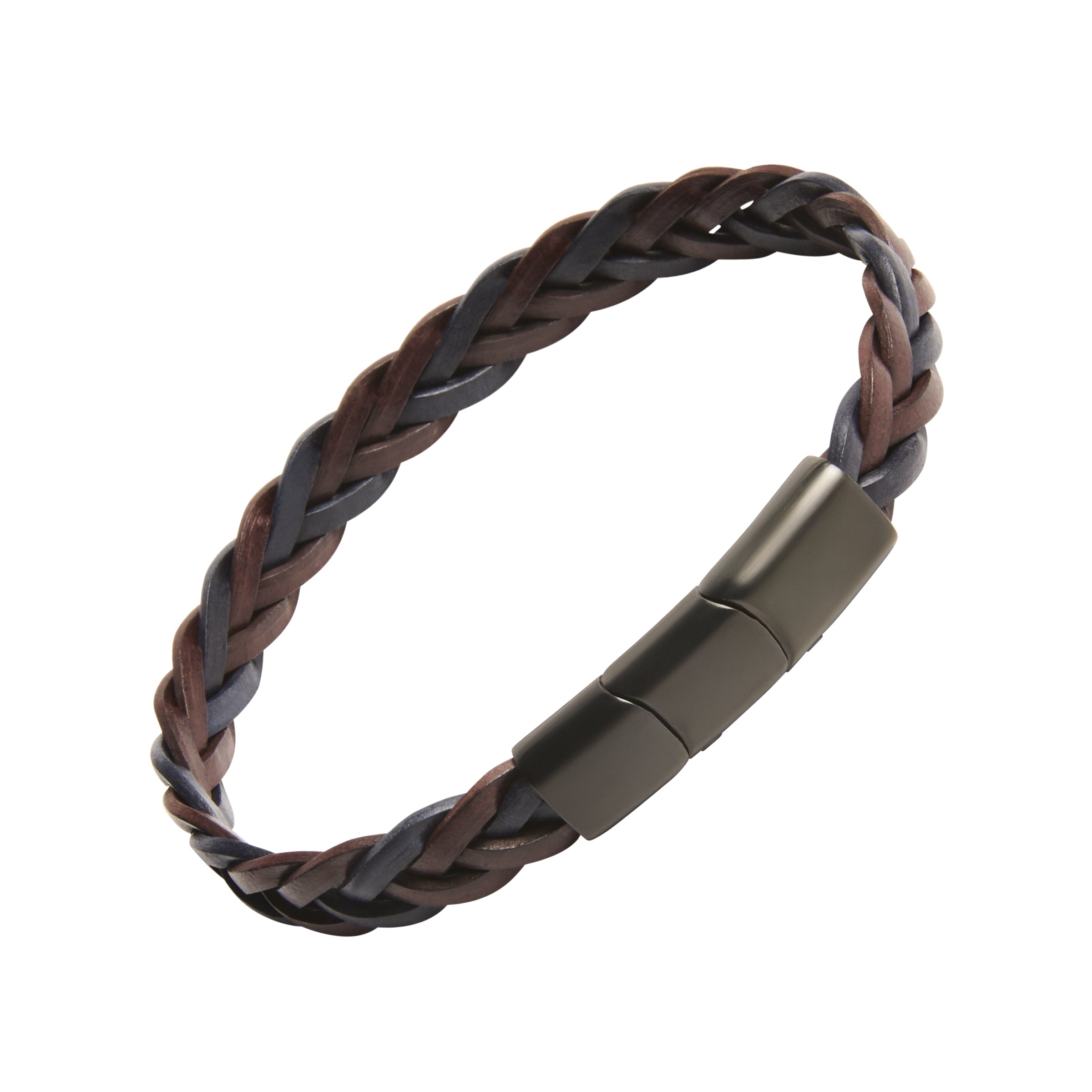 Brown and black two-tone braided leather open cuff bracelet with matte black stainless steel rectangular magnetic end caps, Jan Leslie luxury men's leather bracelet.