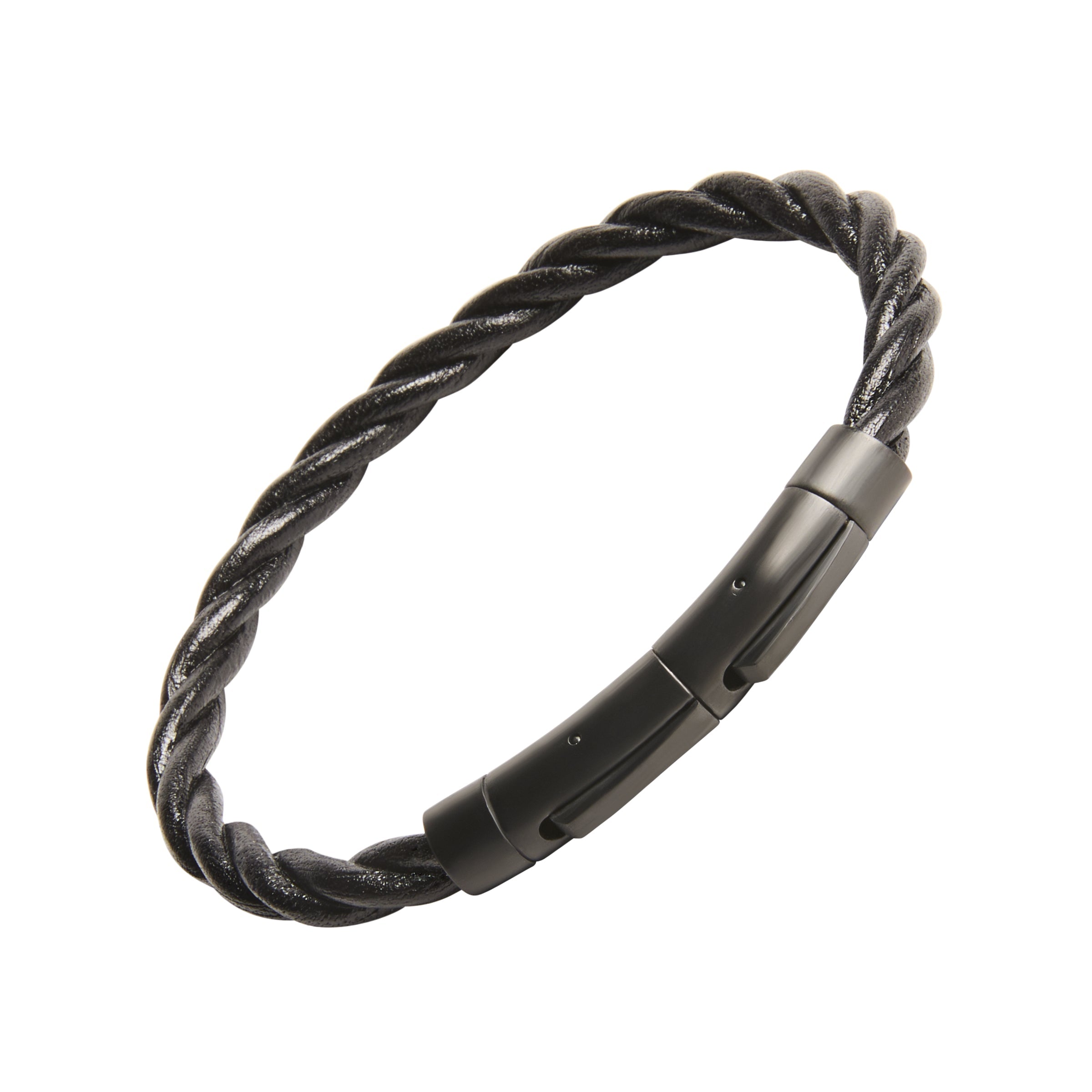 Black twisted leather rope bracelet with matte black stainless steel rectangular magnetic clasp closure, Jan Leslie luxury men's leather bracelet.