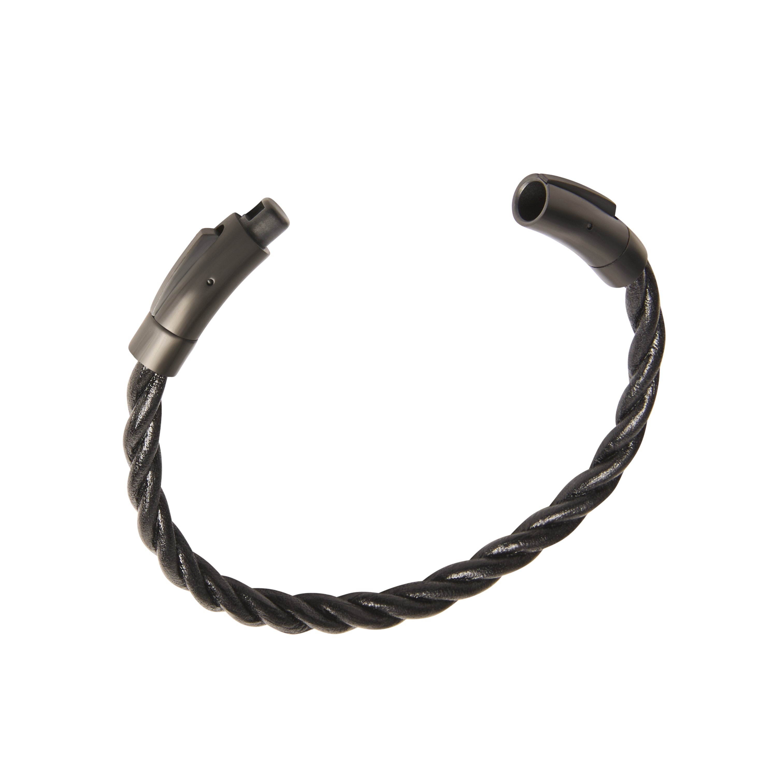 Brown twisted leather rope bracelet with matte black stainless steel rectangular magnetic clasp closure, Jan Leslie luxury men's leather bracelet.