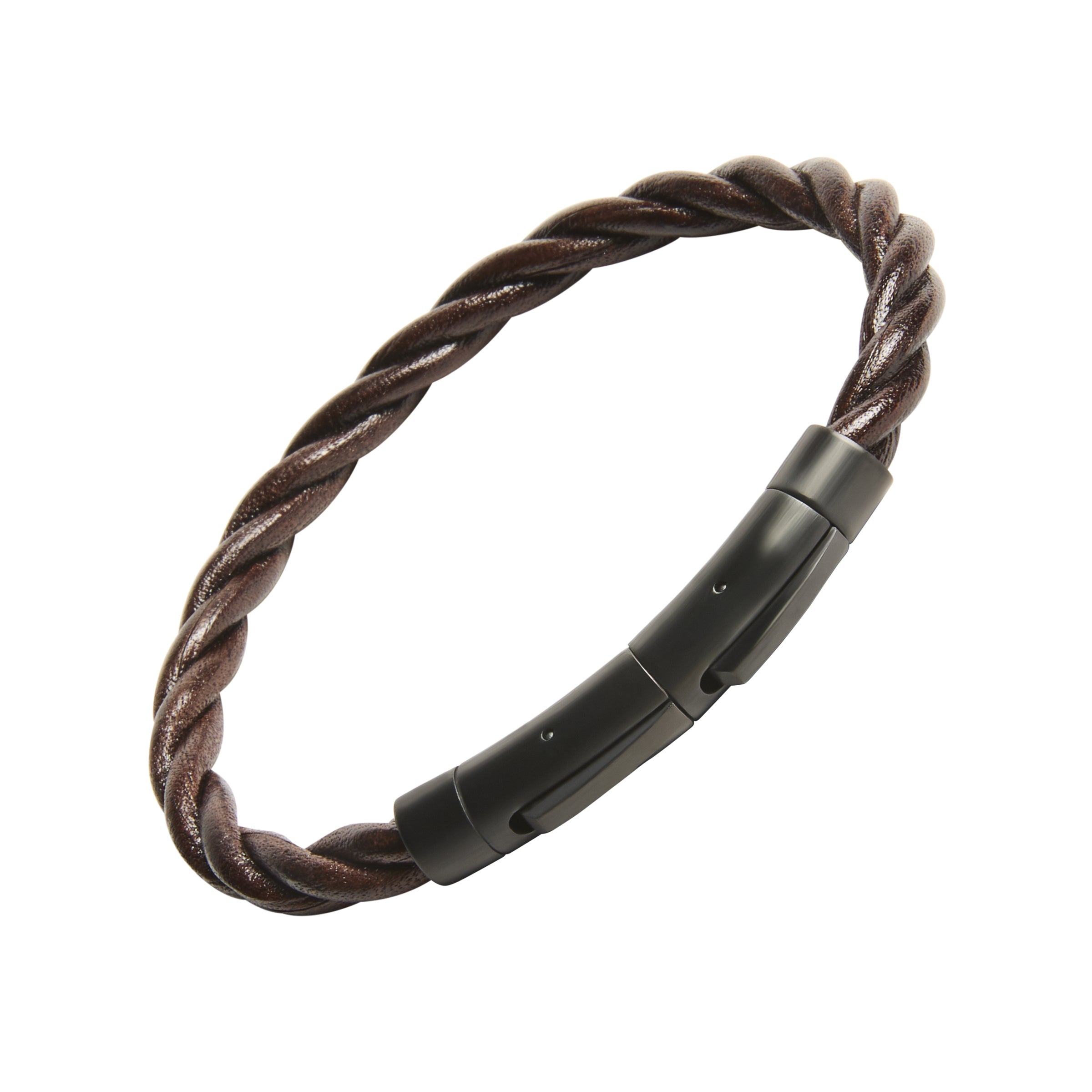 Brown twisted leather rope open cuff bracelet with matte black stainless steel barrel end caps and push-pin closure, Jan Leslie luxury men's leather bracelet