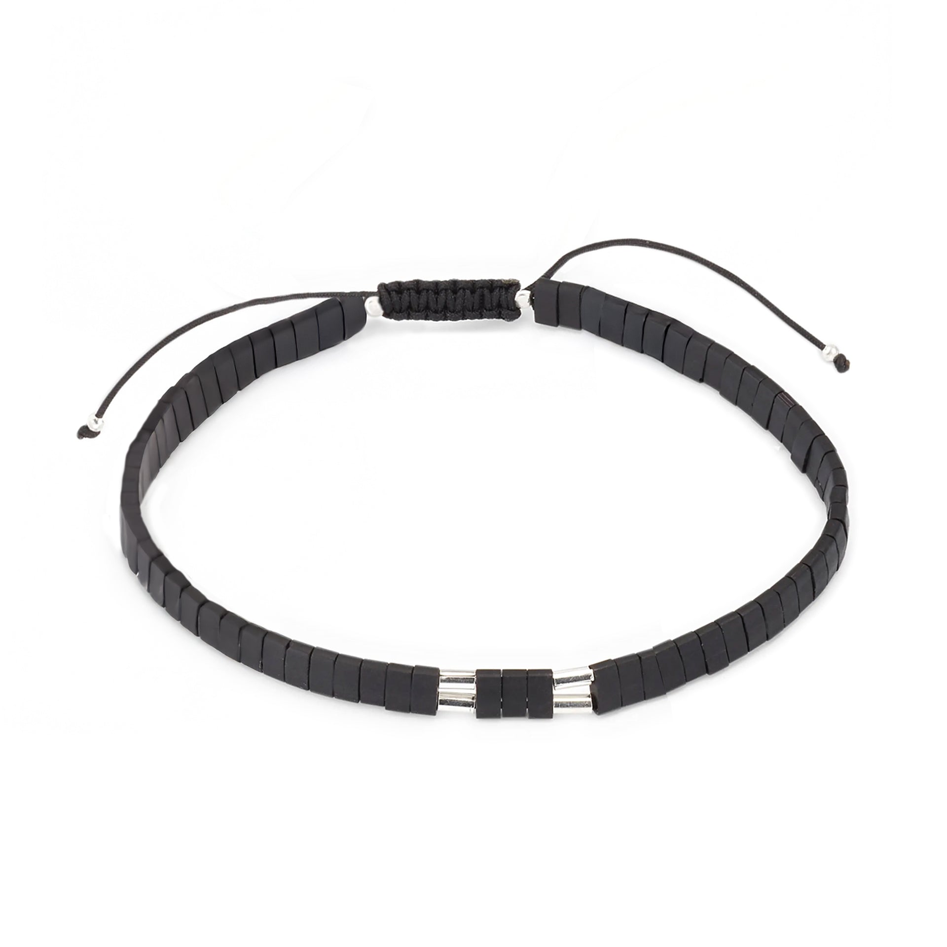 Matte black heishi bead bracelet with sterling silver tube clasp and adjustable black cord, Jan Leslie