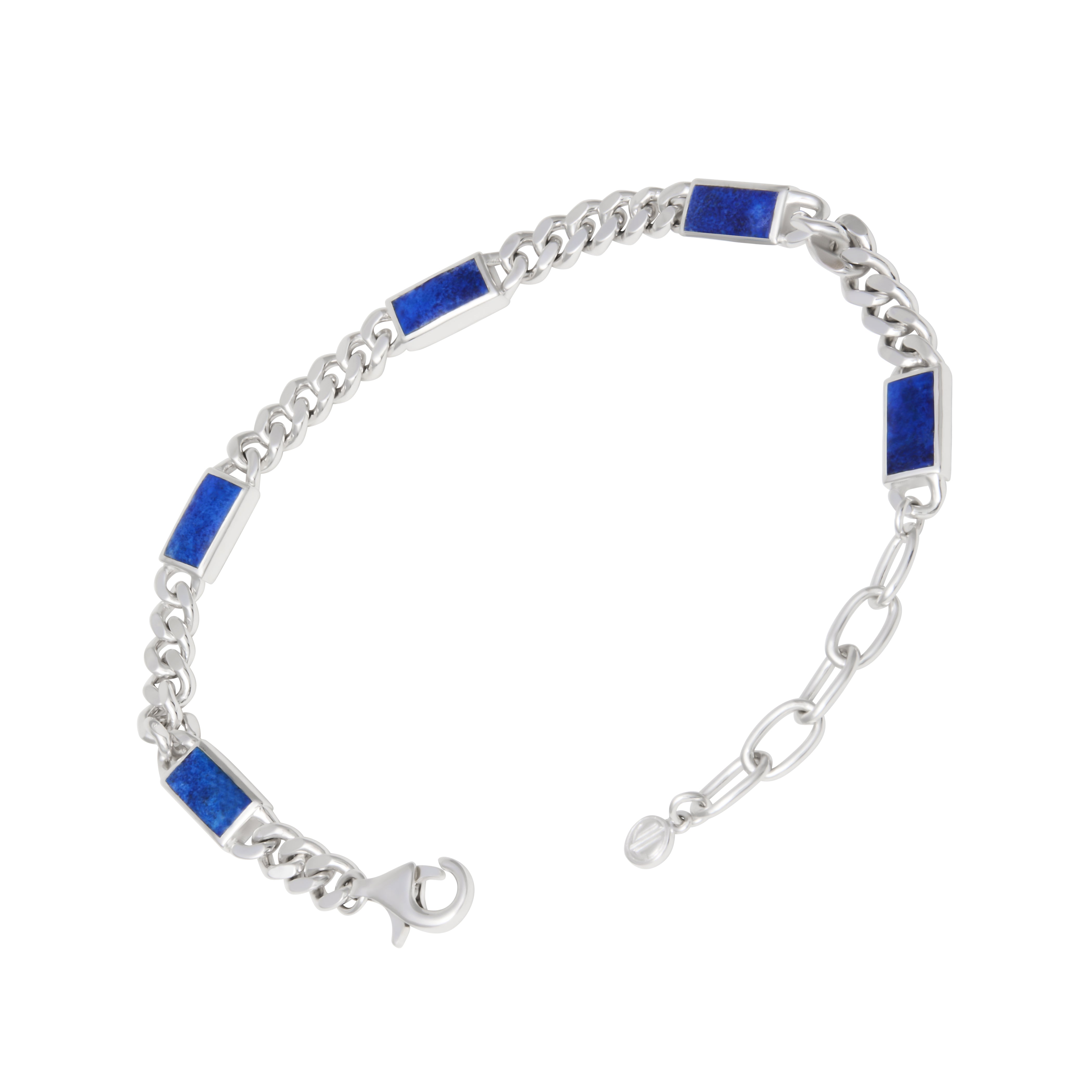 Sterling silver curb chain bracelet with inlaid lapis lazuli rectangular stations and an adjustable lobster clasp closure.