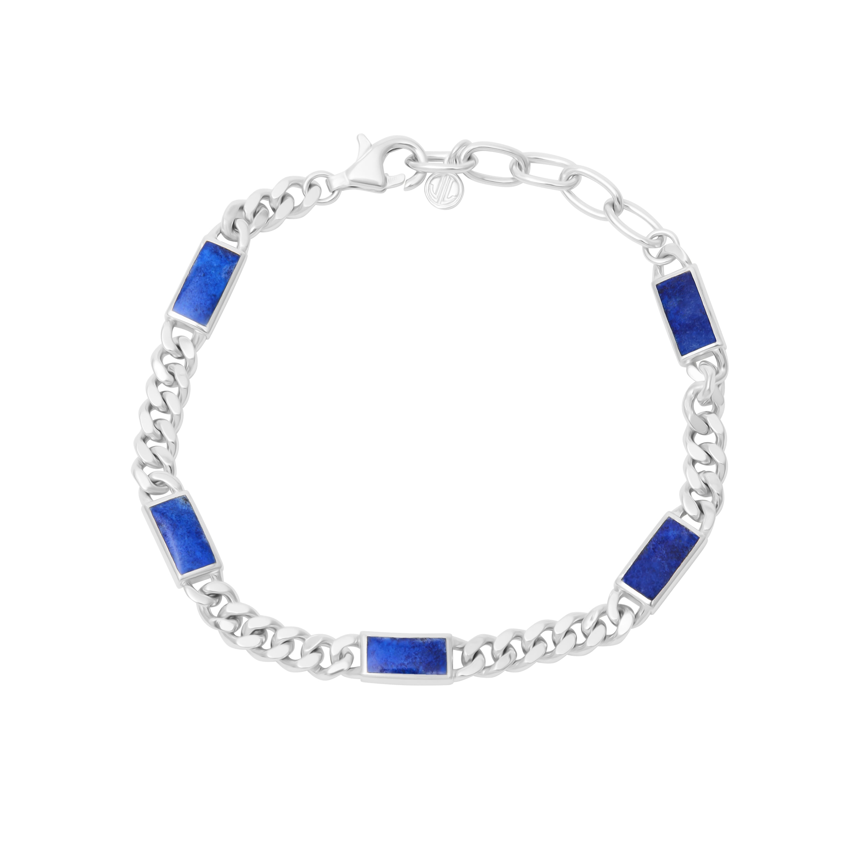 Lapis lazuli baguette station curb chain bracelet in polished sterling silver.
