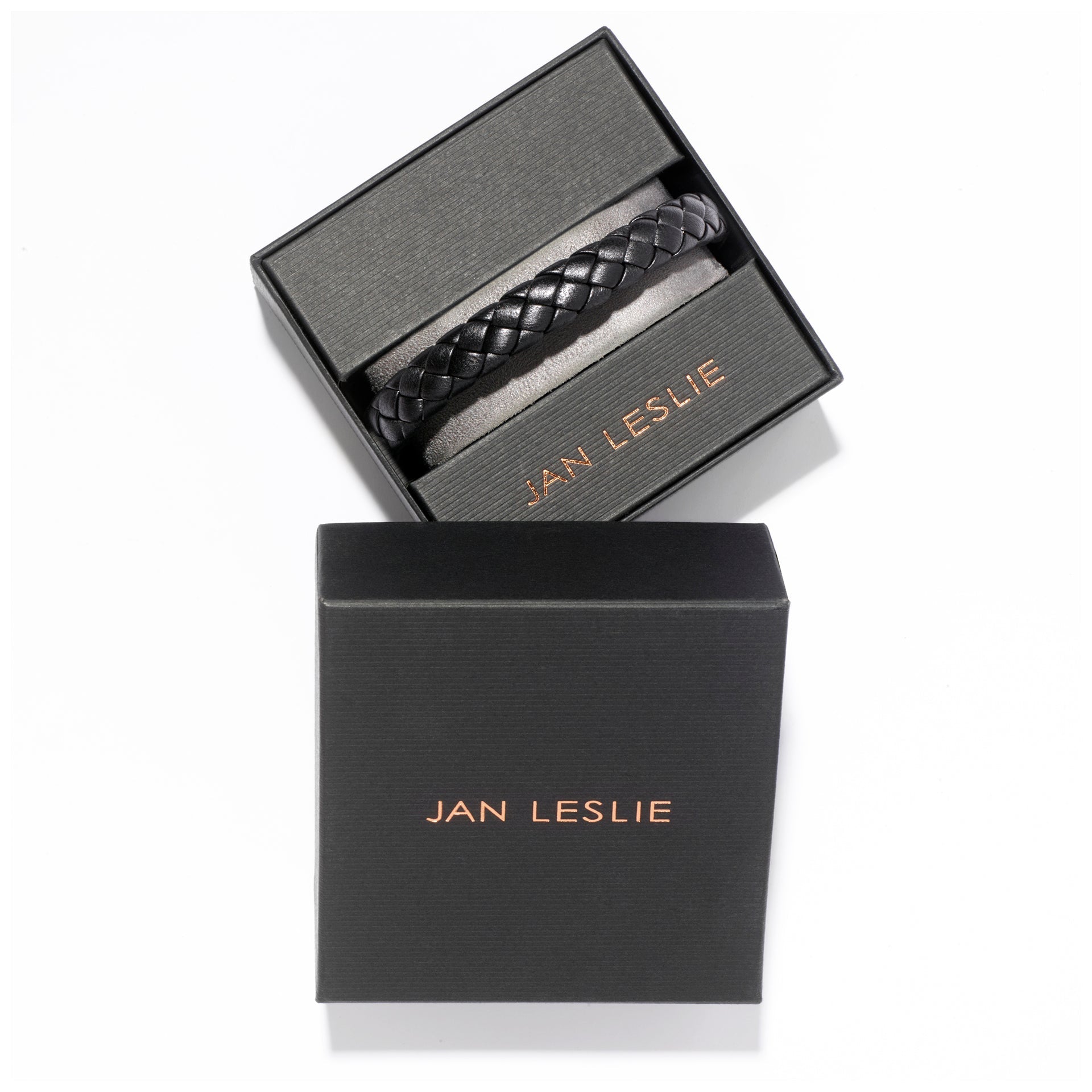Black wide braided leather bracelet with black steel slide clasp in Jan Leslie gift box