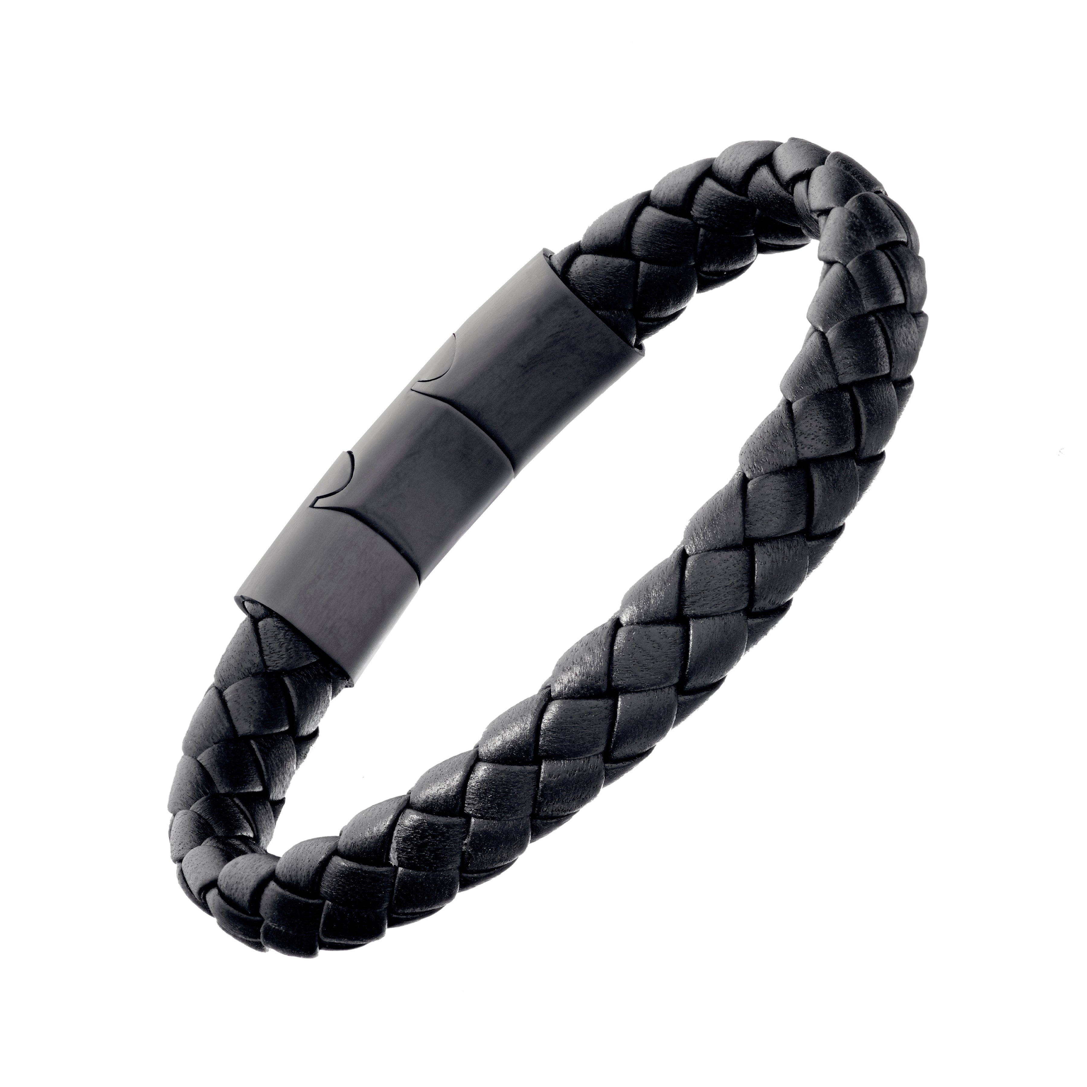 Black wide braided leather bracelet with black steel slide clasp 