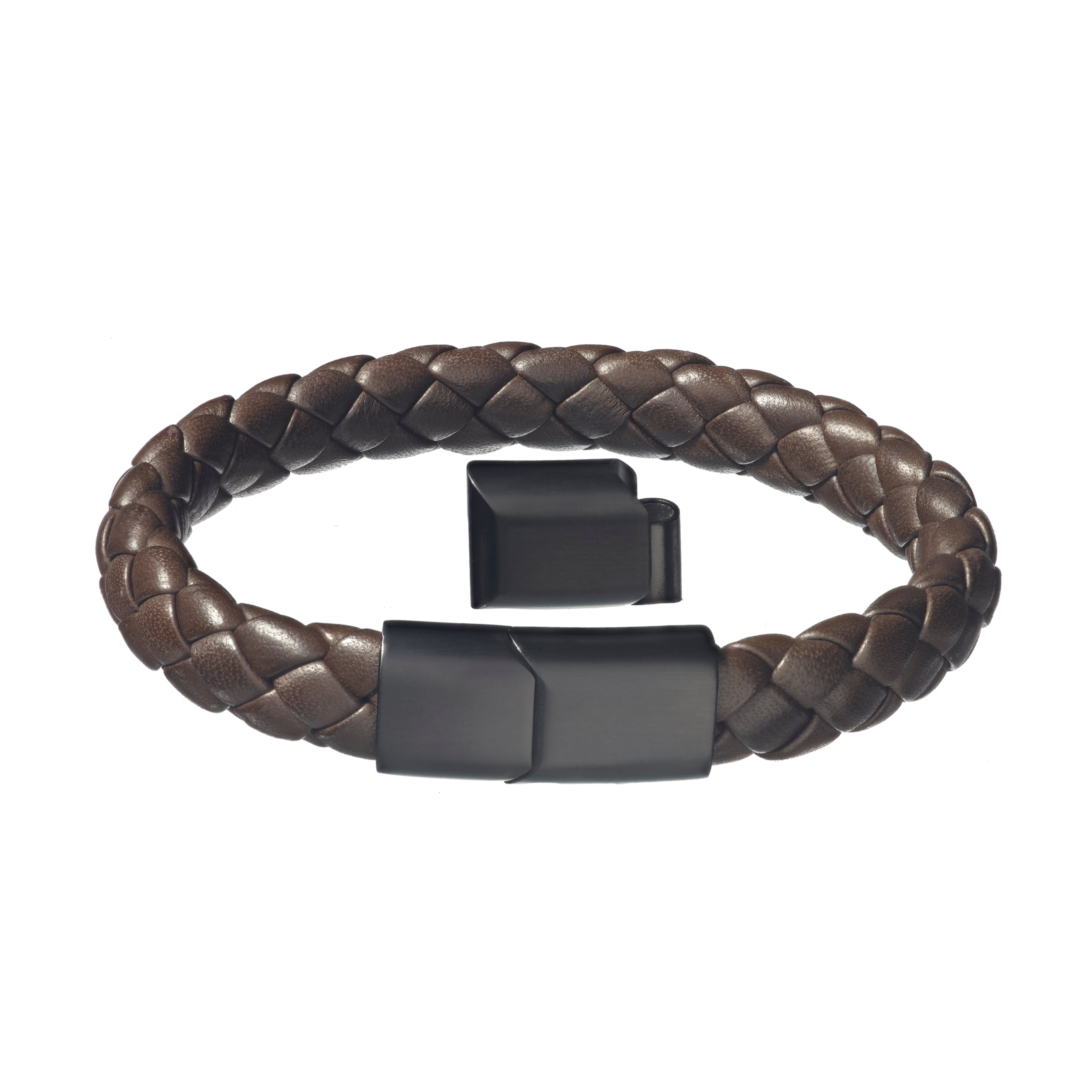 Brown wide braided leather bracelet with black steel slide clasp 