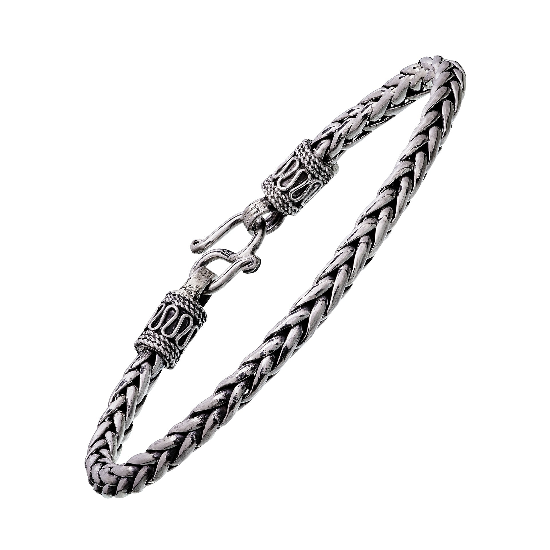  Oxidized sterling silver twisted rope open cuff bracelet with flat ends showing full silhouette by Jan Leslie.