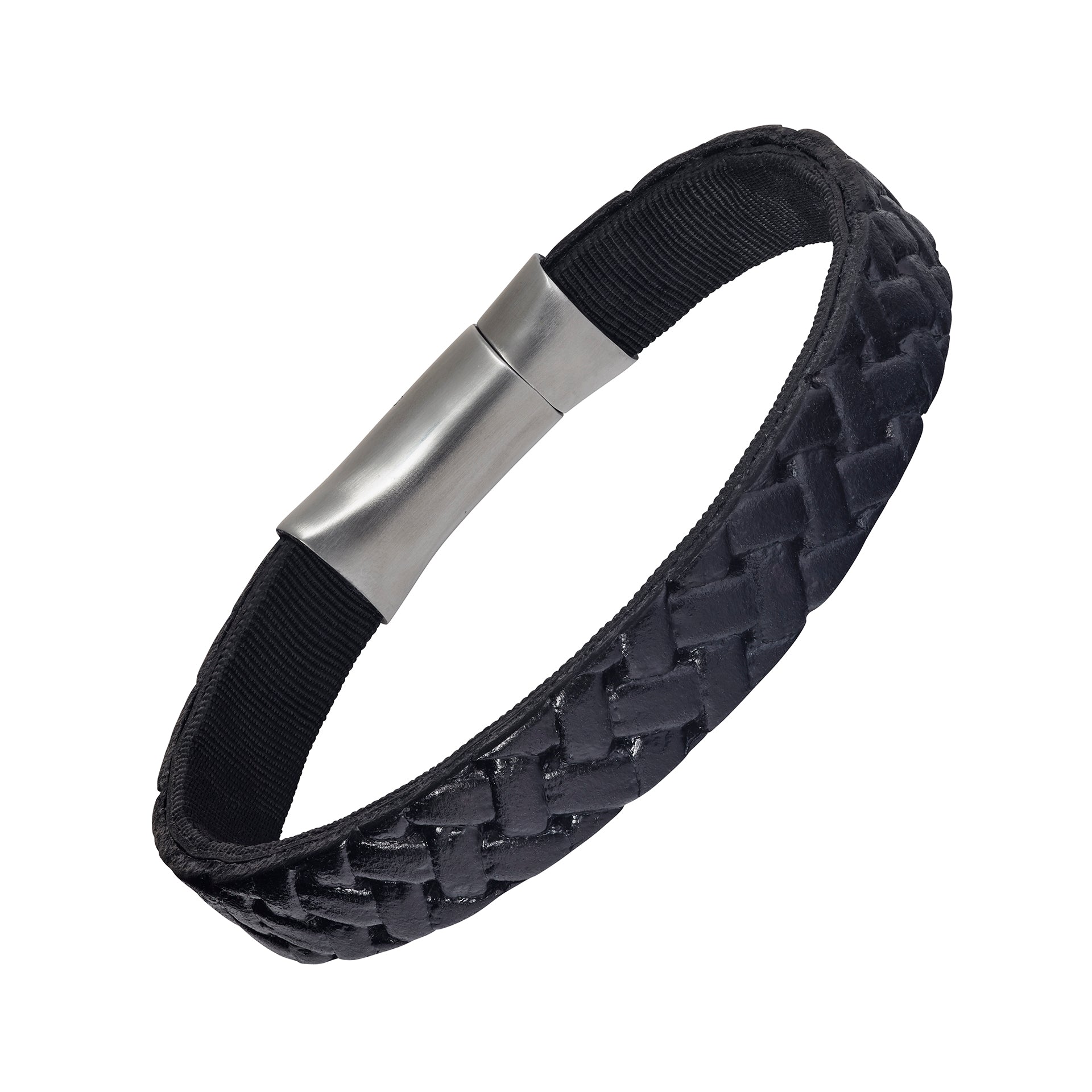 Men's black wide braided leather bracelet with brushed silver magnetic bar clasp — Jan Leslie