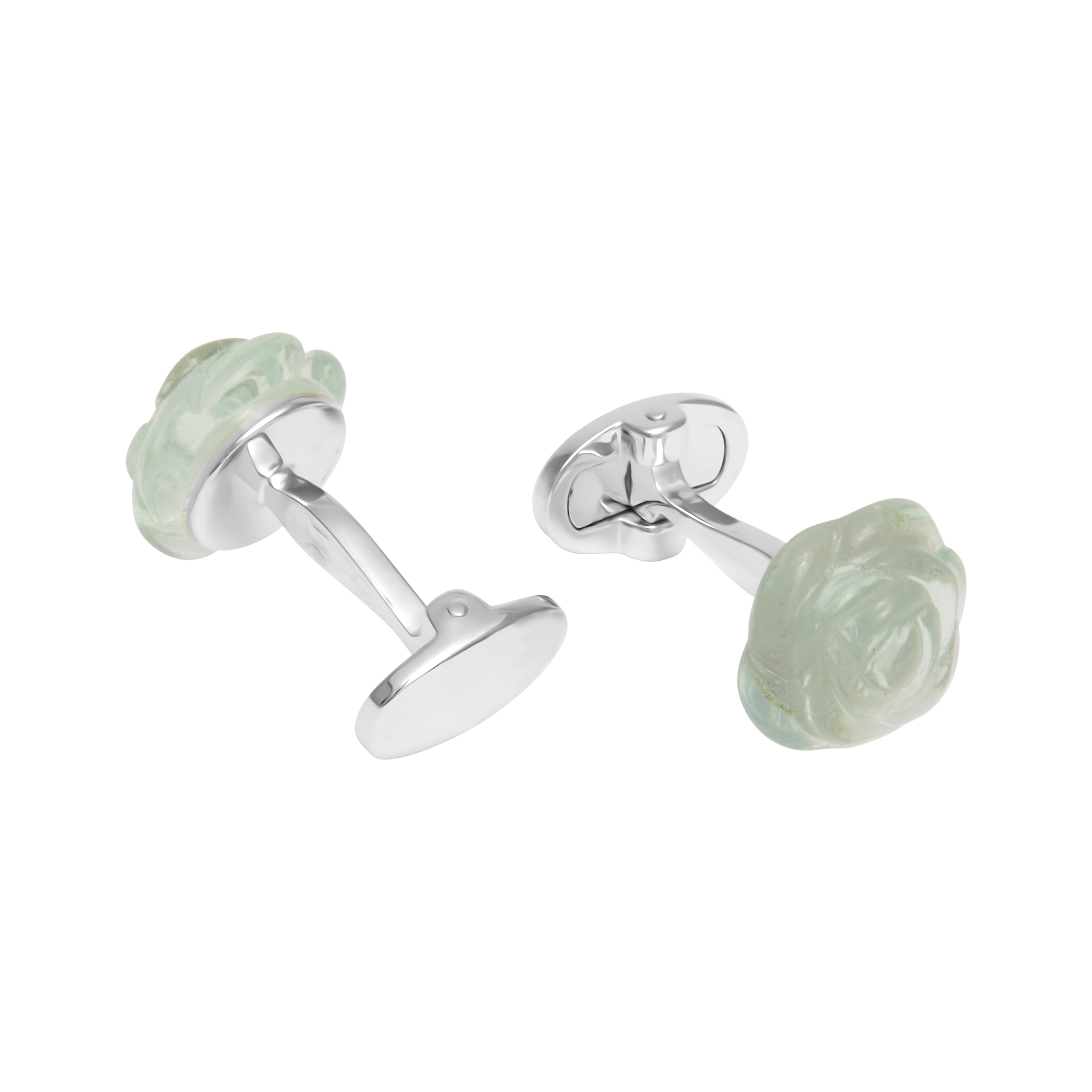 Hand-carved jade rose cufflinks in a sterling silver T-bar setting