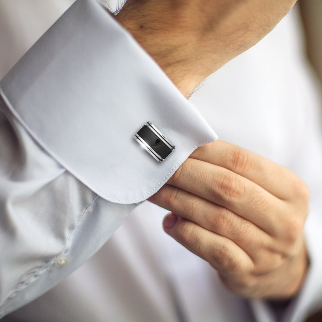 Rectangular curved black onyx cufflink with parallel linear etched grooves