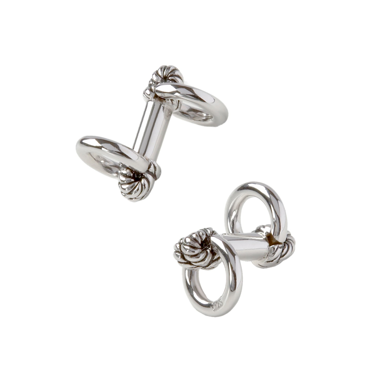 Staggered pair of sterling silver double ring rope knot cufflinks, Jan Leslie