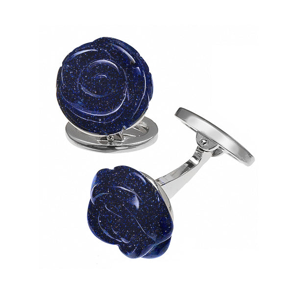 Pair of hand-carved nephrite jade rose cufflinks with deep green translucent stone, spiral petal relief carving, sterling silver setting