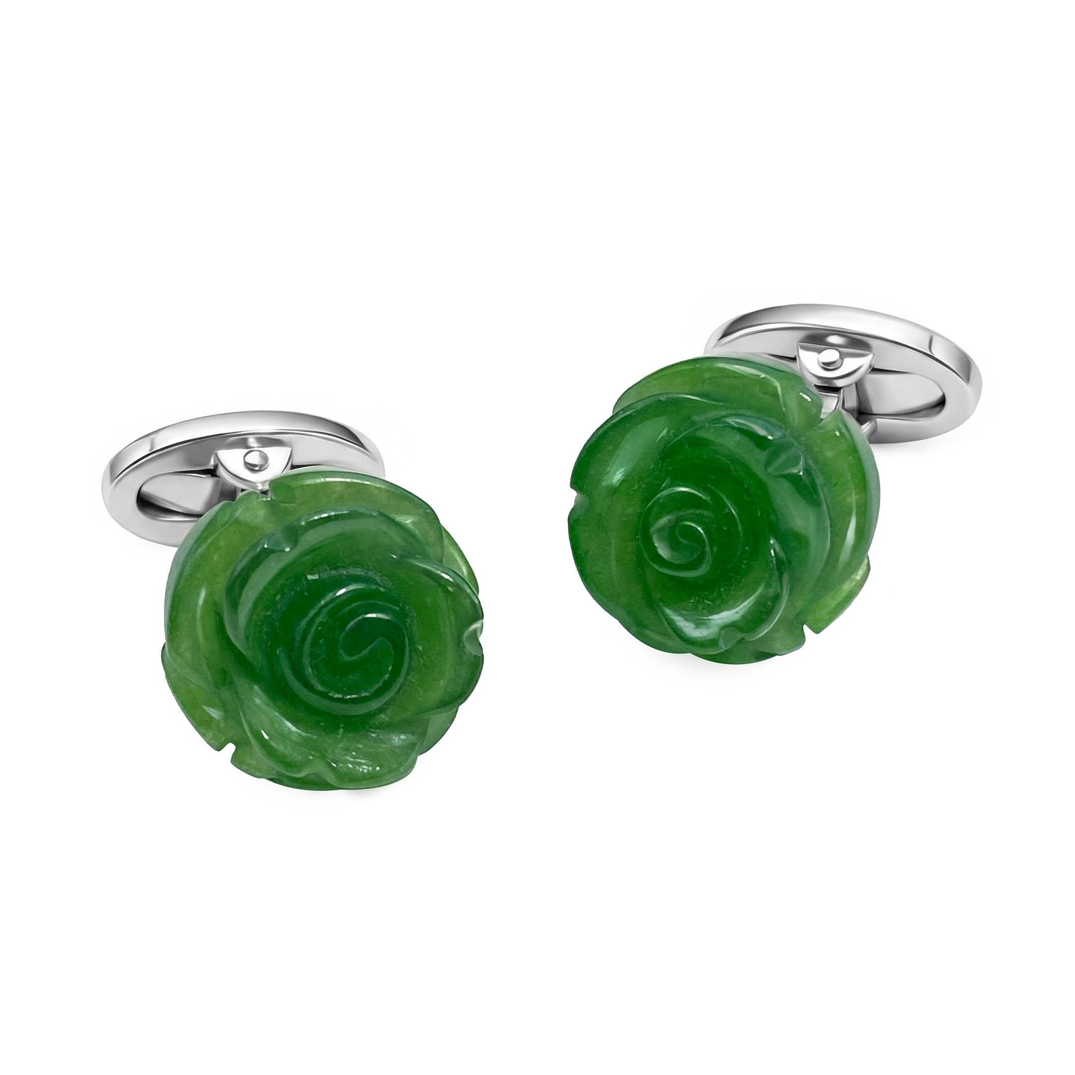 Overhead pair of hand-carved nephrite jade rose cufflinks with deep green translucent stone, detailed spiral petal relief carving, sterling silver setting, and silver oval swivel back closure, Jan Leslie