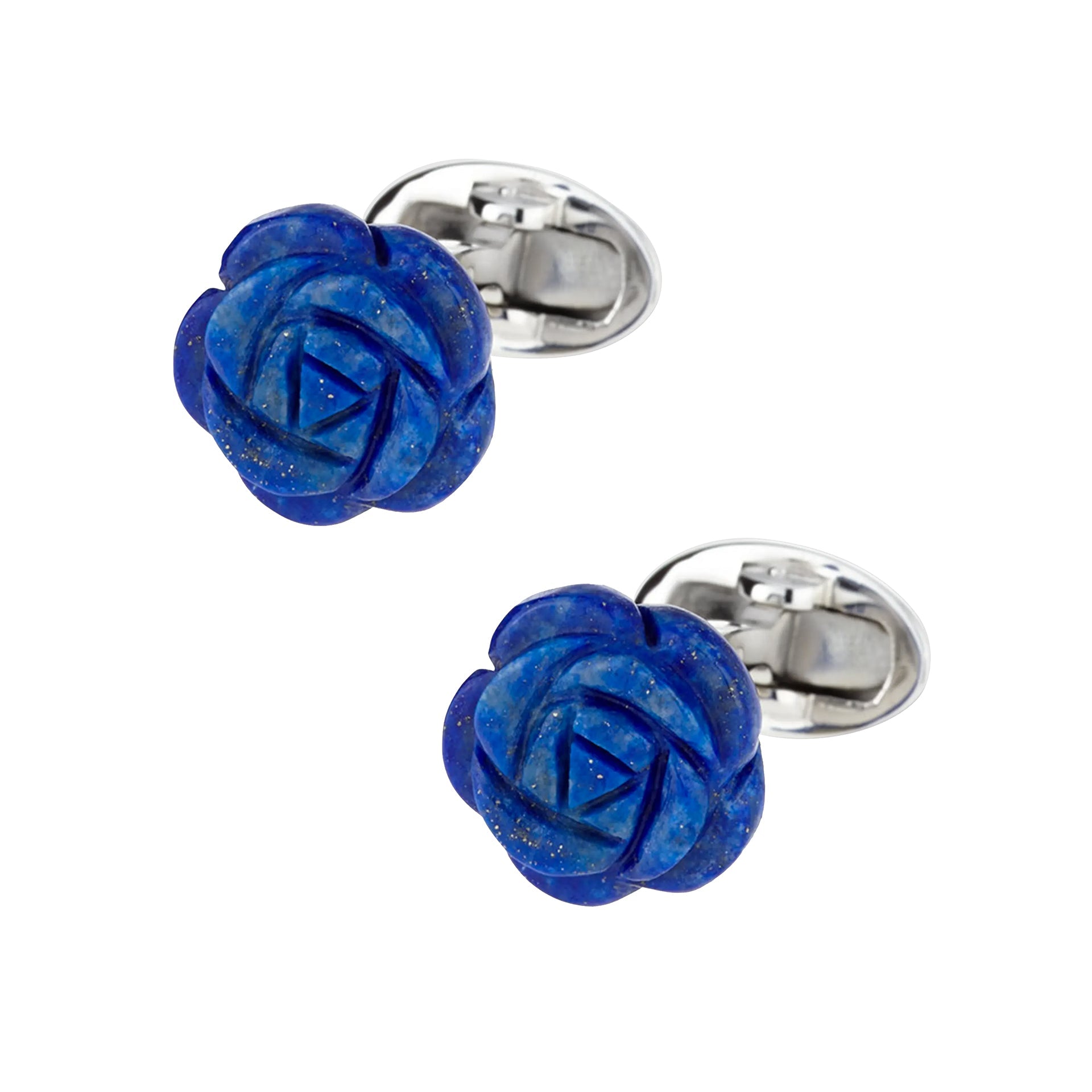 Staggered pair of hand-carved deep navy blue goldstone rose cufflinks with spiral petal detail, gold aventurine sparkle, sterling silver setting, and silver oval swivel back closure, Jan Leslie