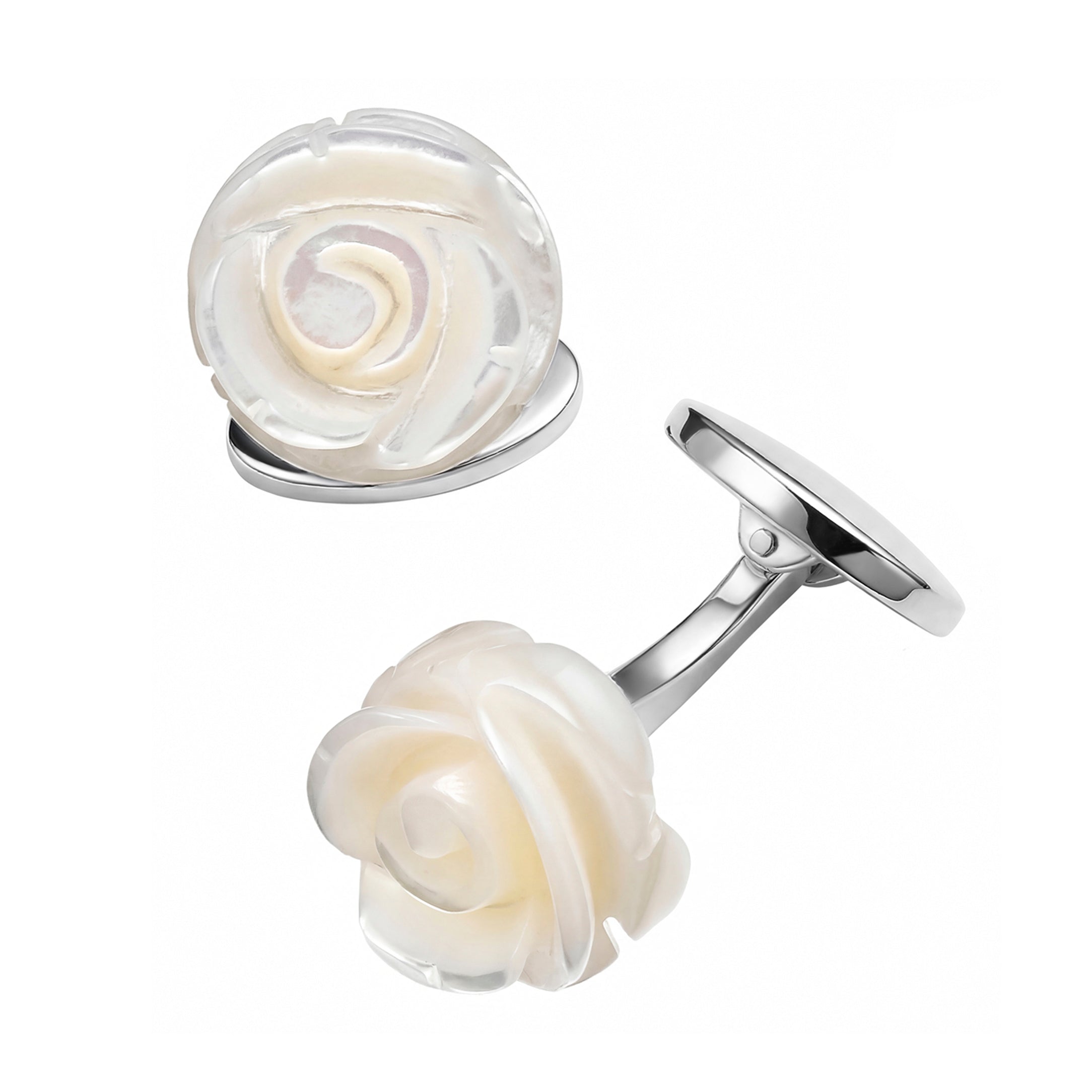 Hand-carved mother-of-pearl rose cufflinks with sterling silver toggle back — Jan Leslie