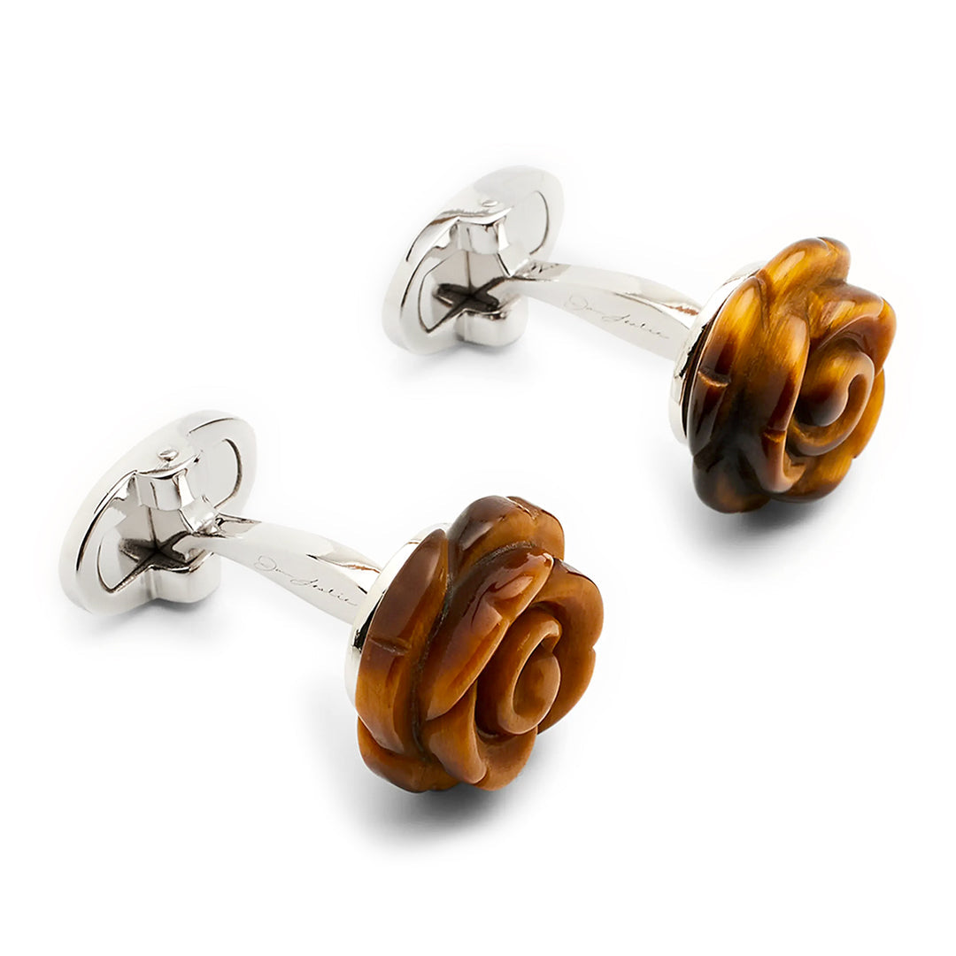 Hand-carved tiger's eye rose cufflinks with sterling silver toggle back — Jan Leslie