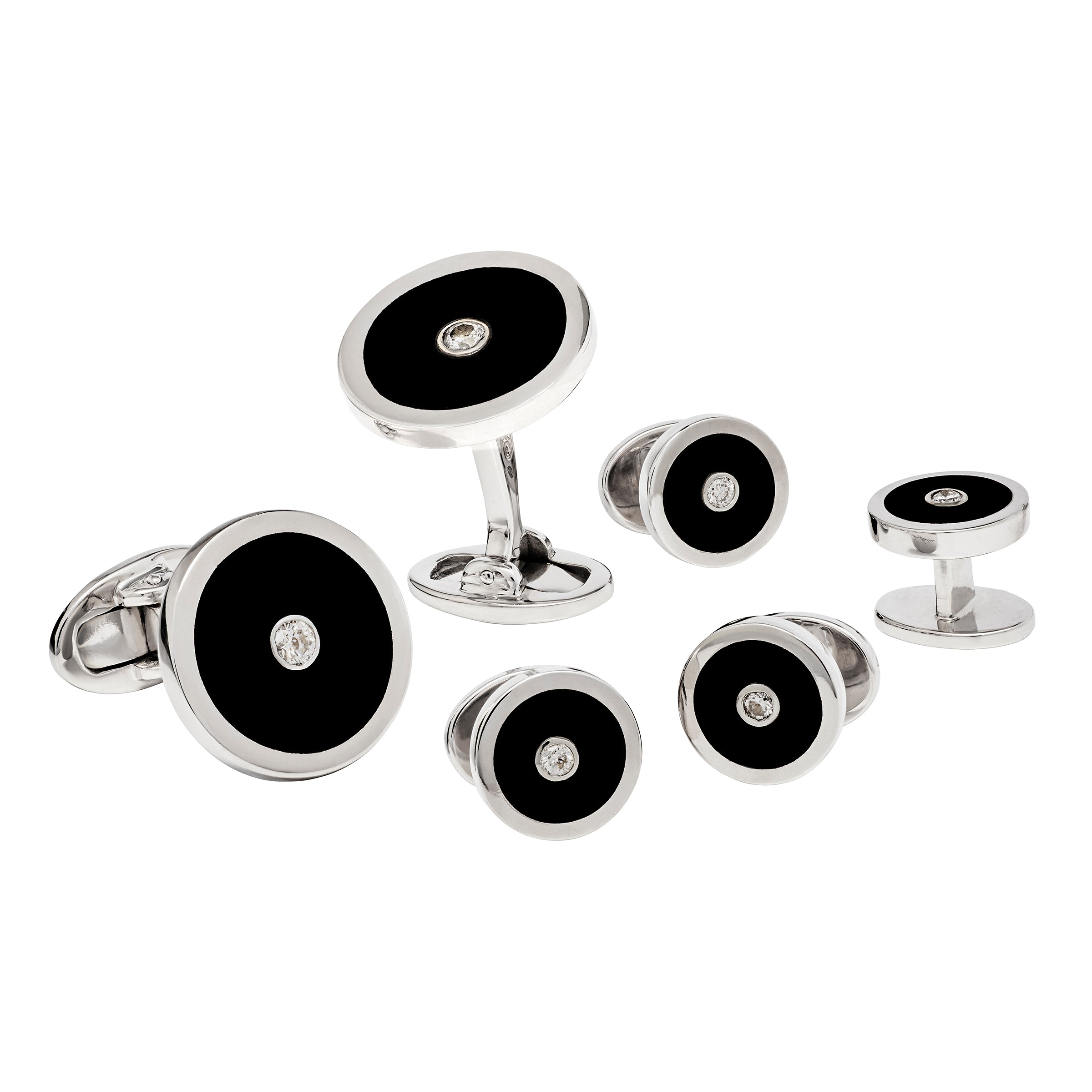  Sterling silver black onyx and diamond round cufflink and shirt stud 6-piece dress set angled view showing two round cufflinks with double-disc swivel T-bar closure and four shirt studs with polished silver barrel backs all with black onyx inlay 