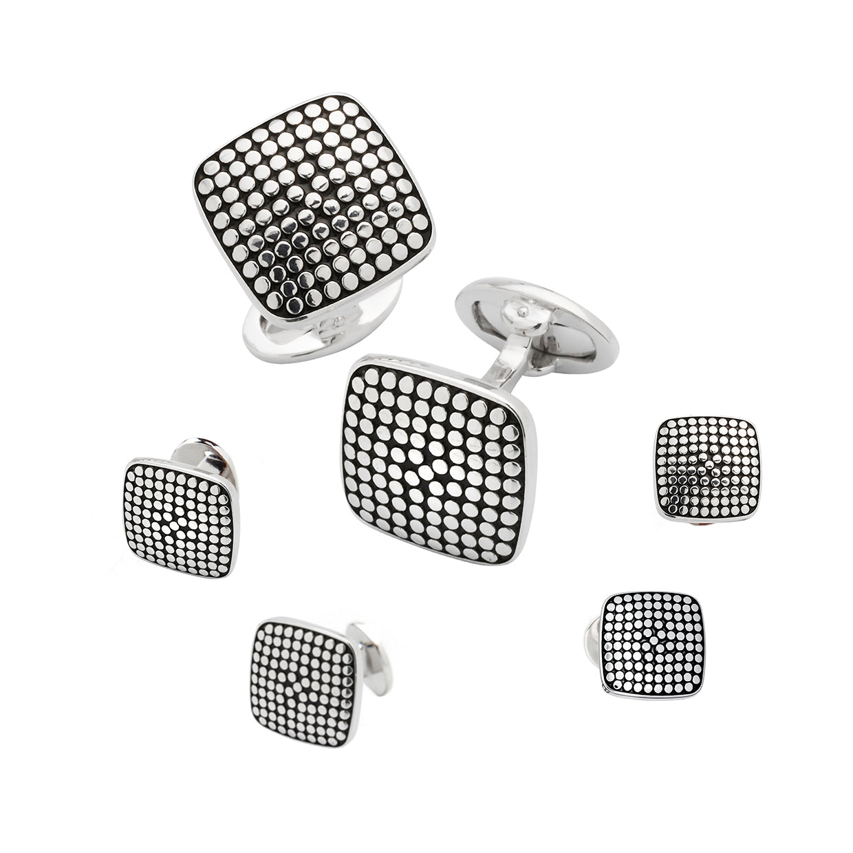 Sterling silver oxidised polka dot cushion-square tuxedo cufflink and shirt stud set