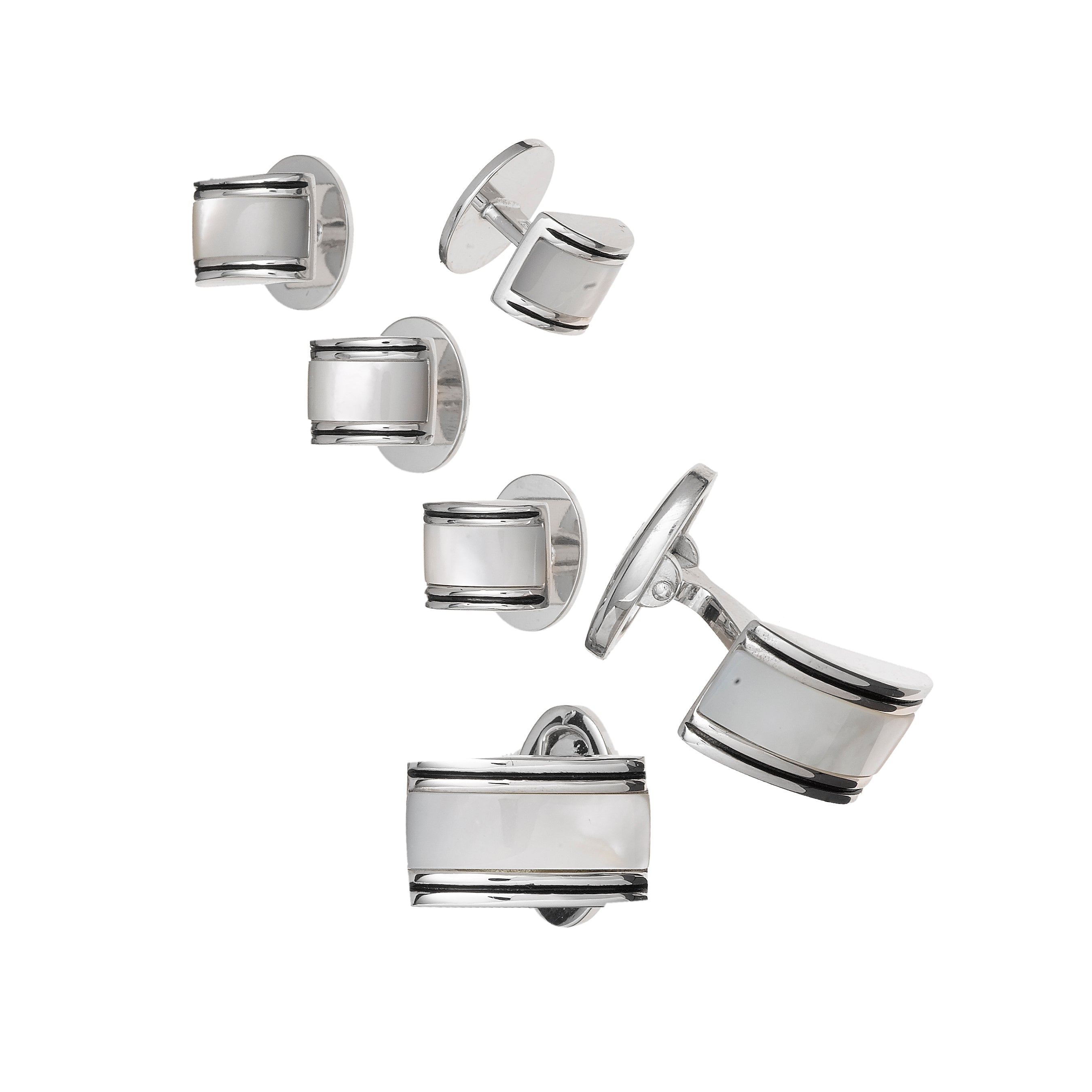 Mother-of-pearl barrel cufflinks and tuxedo stud set in sterling silver — Jan Leslie