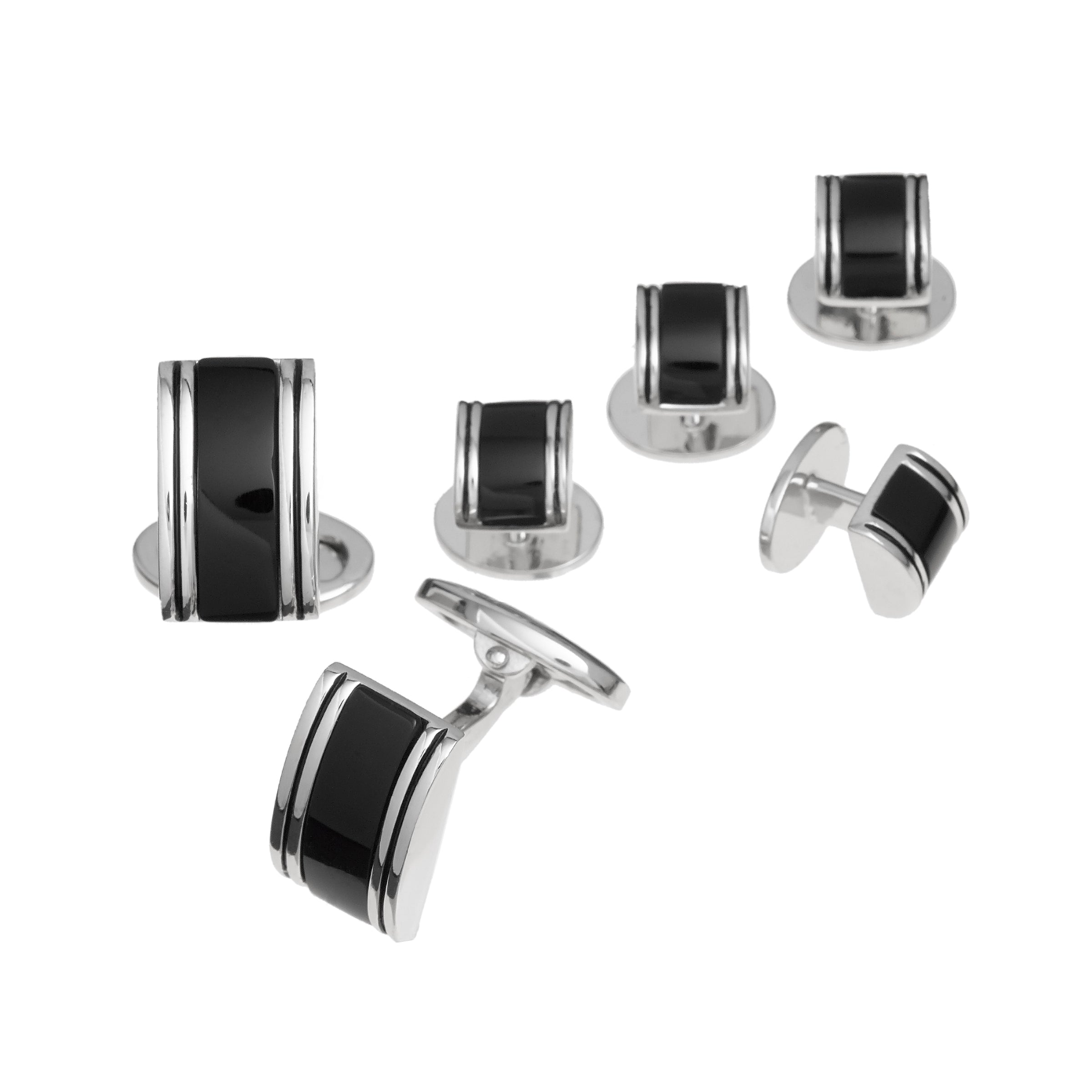 Black onyx barrel cufflinks and tuxedo stud set in sterling silver — Jan Leslie
