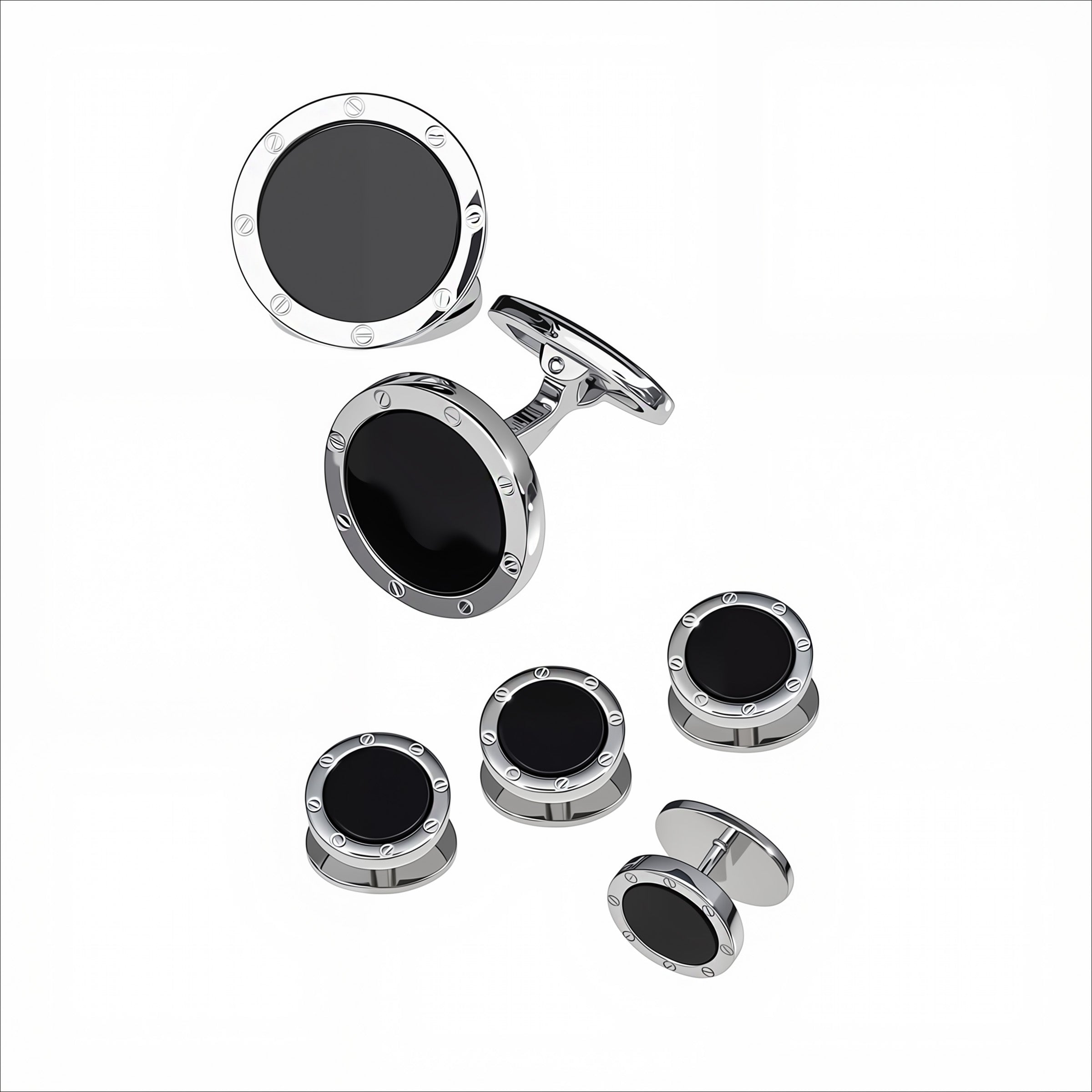 Black onyx round screw-motif sterling silver cufflinks and four-piece tuxedo stud set — Jan Leslie