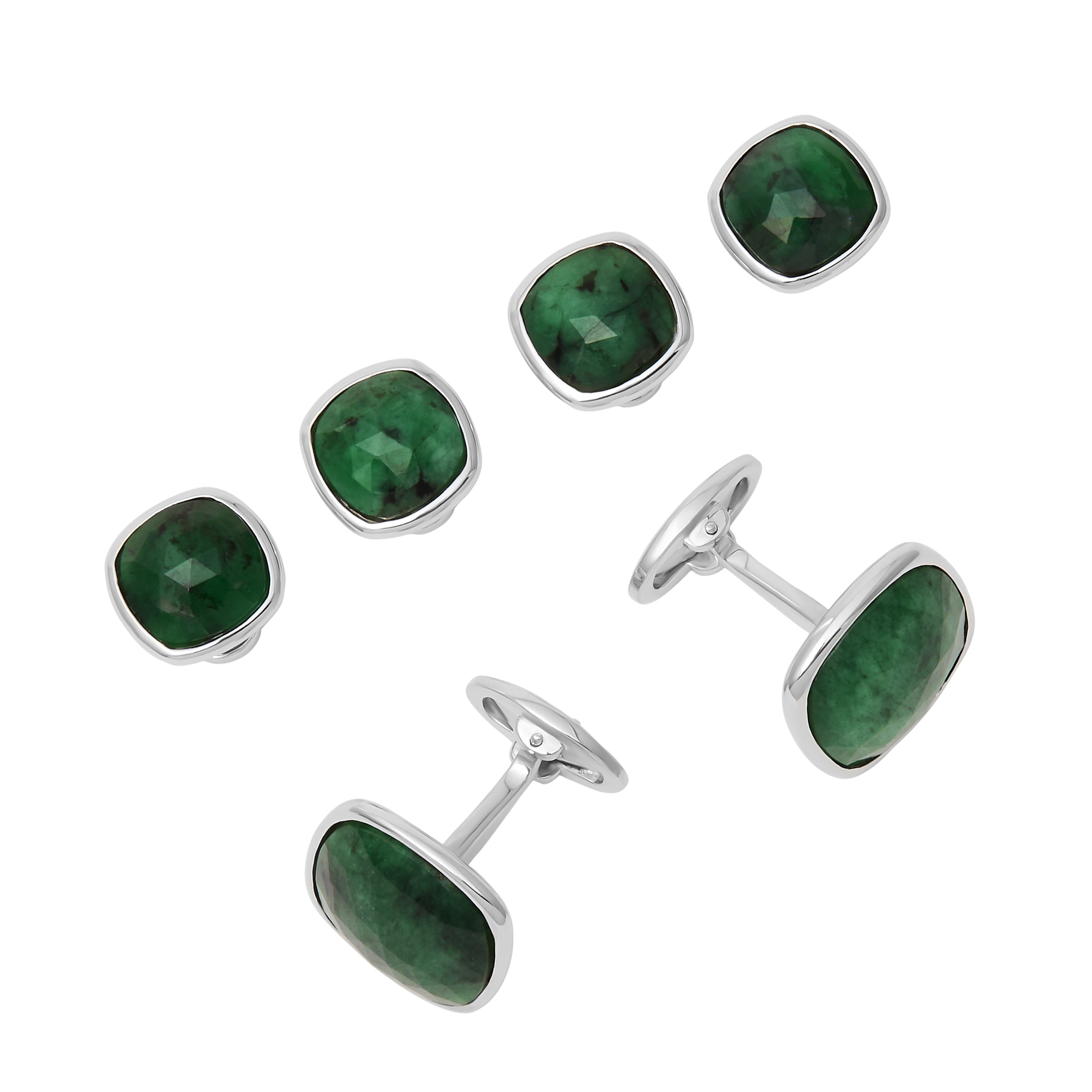 Deep green emerald cushion-cut cufflink and tuxedo stud set with sterling silver bezel settings and toggle backs.