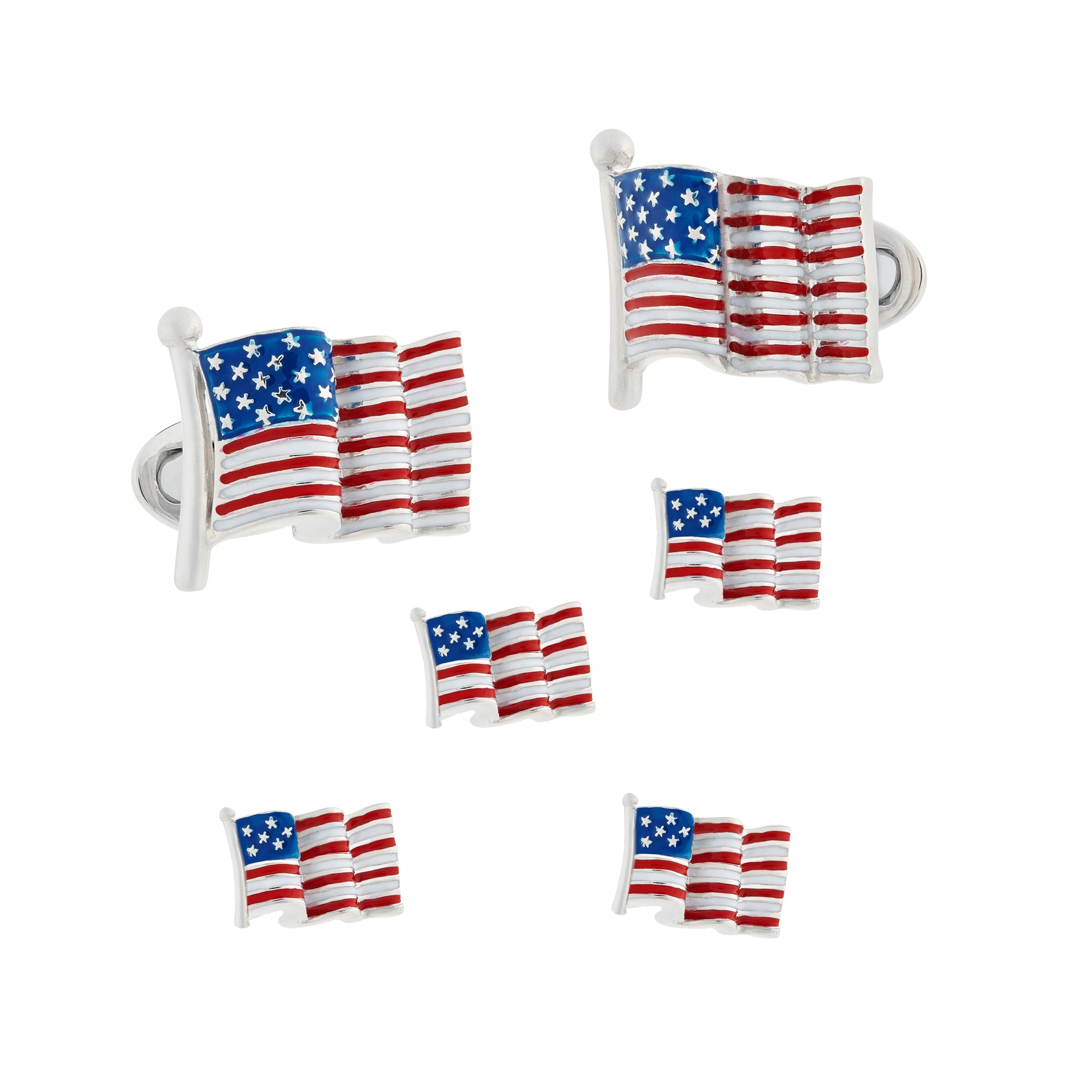 Sterling silver enamel waving American flag cufflinks and four tuxedo stud set by Jan Leslie.