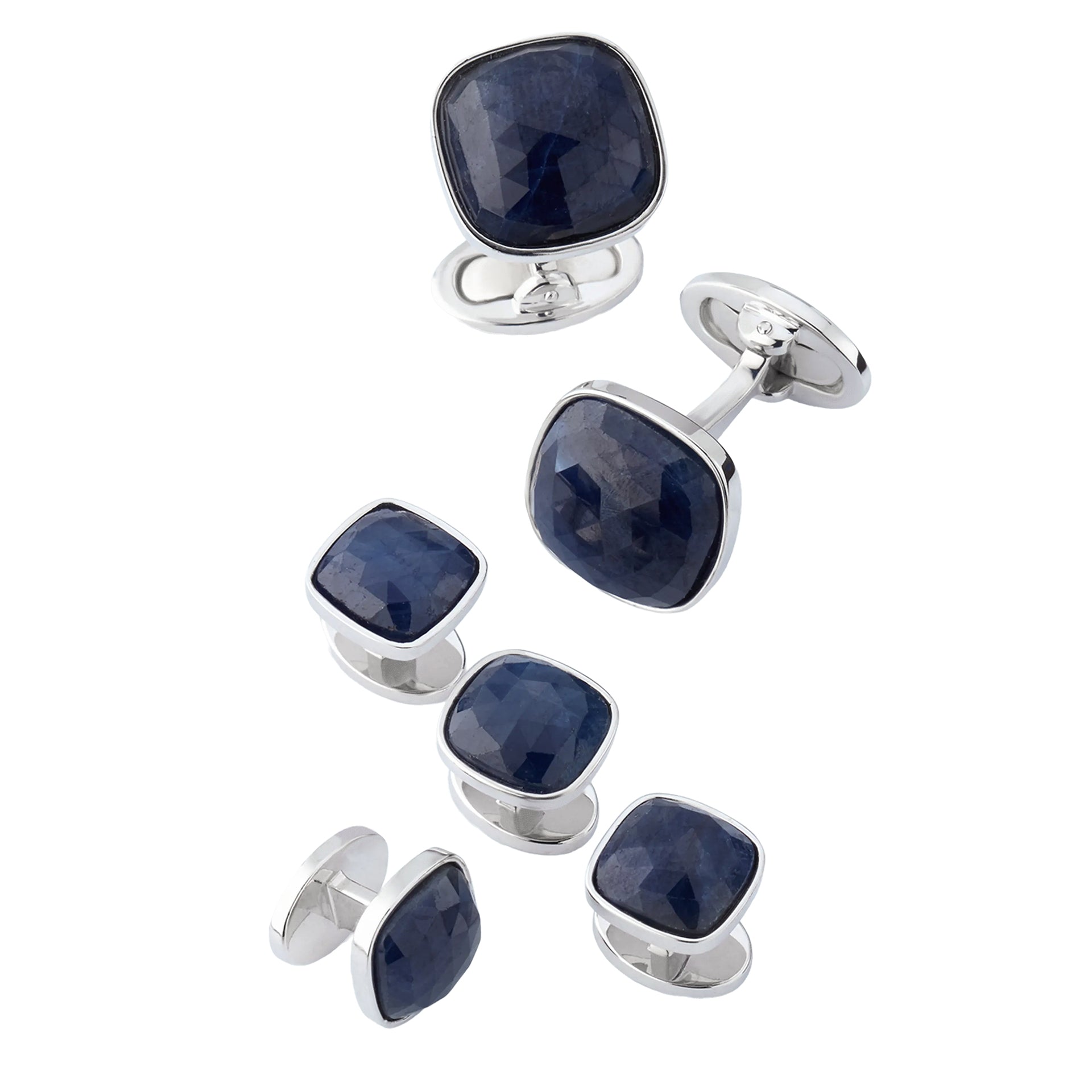 Sterling silver blue sapphire crystal tuxedo cufflink and shirt stud set angled view showing cushion-cut stones and silver bezel settings by Jan Leslie.